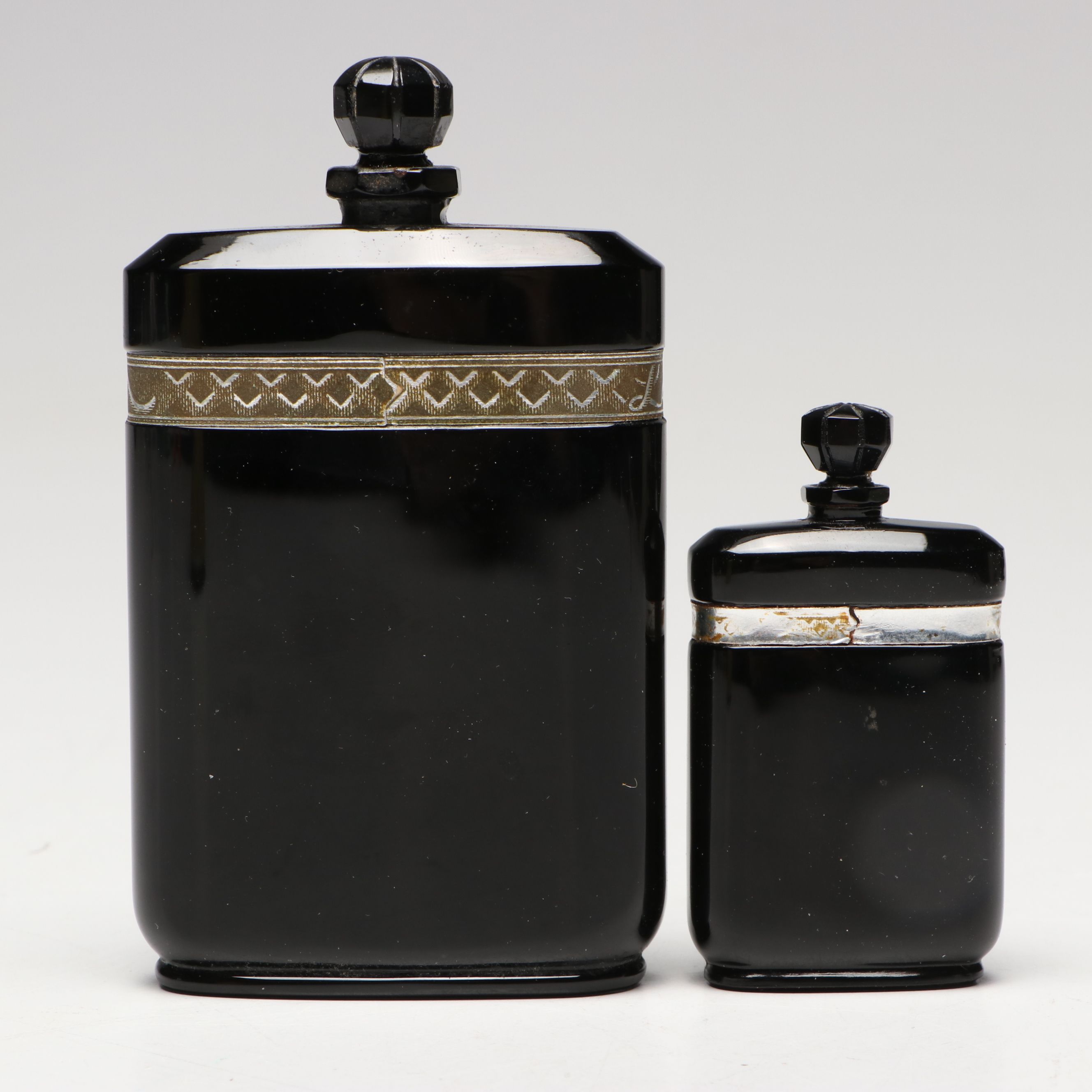 Caron France "Nuit de Noel" Black Glass Perfume Bottles, Early 20th C.