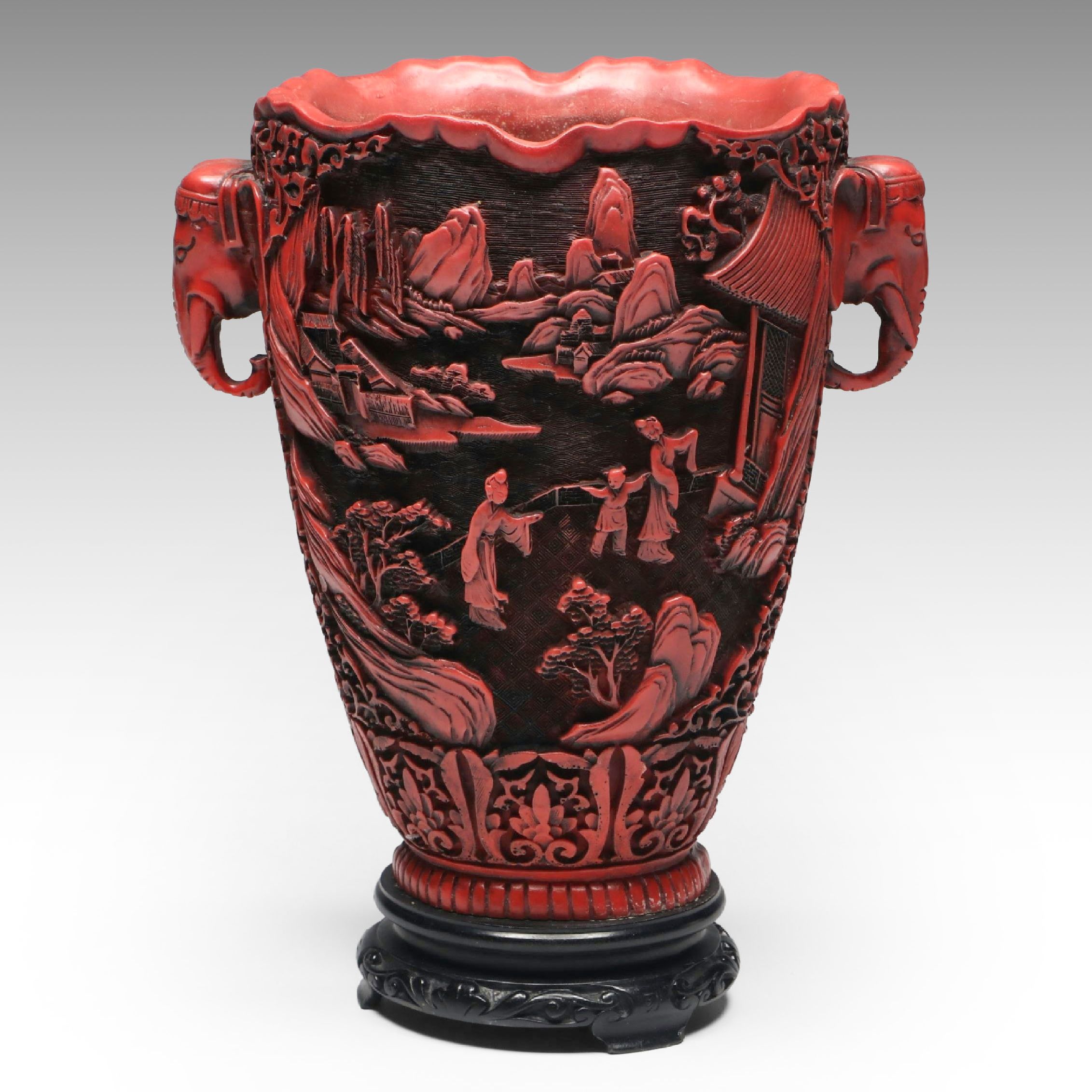 Chinese Cinnabar Style Carved Landscape with Elephant Handles Resin Vase