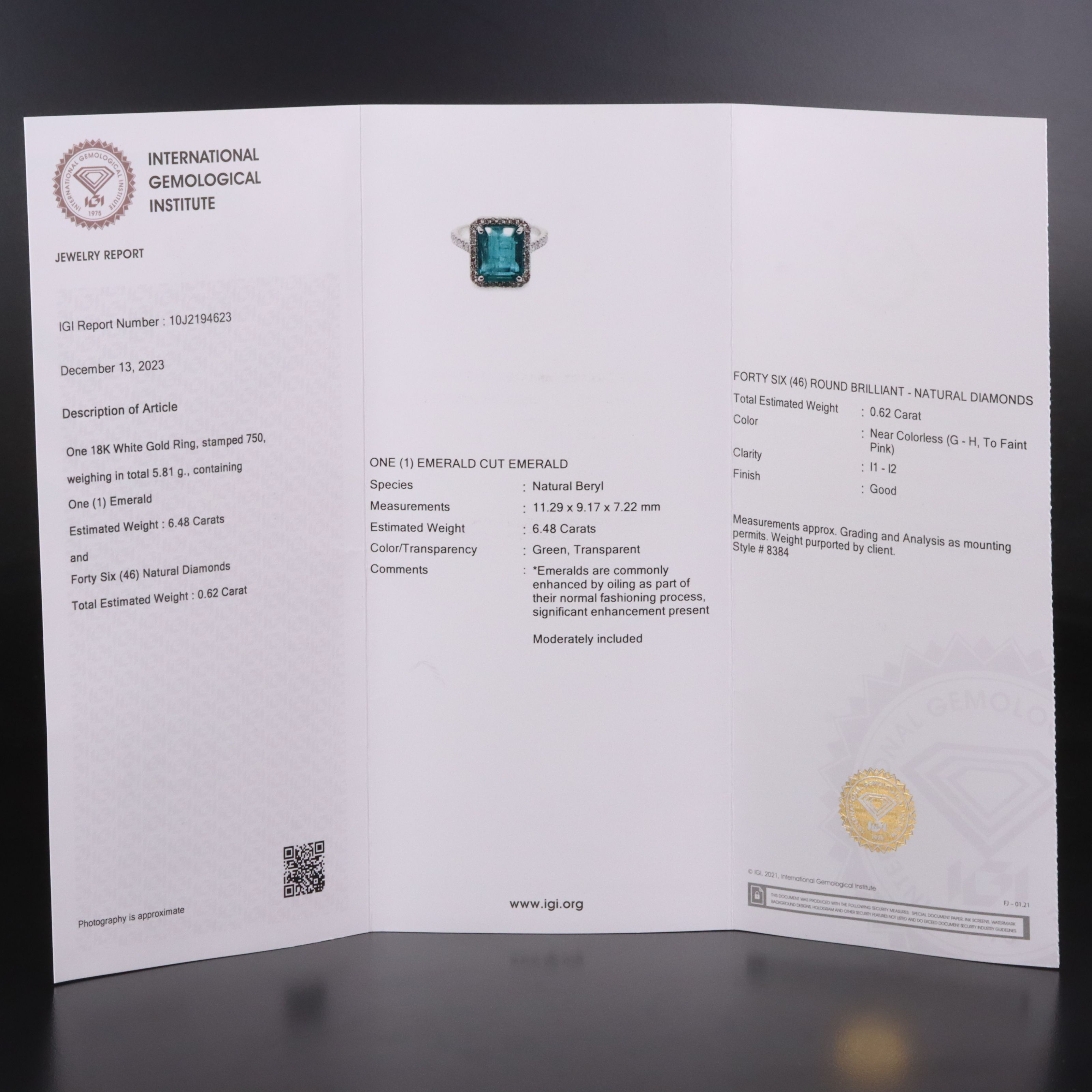 18K 6.48 CT Emerald & 0.62 CTW Diamond Ring with IGI Jewelry Report