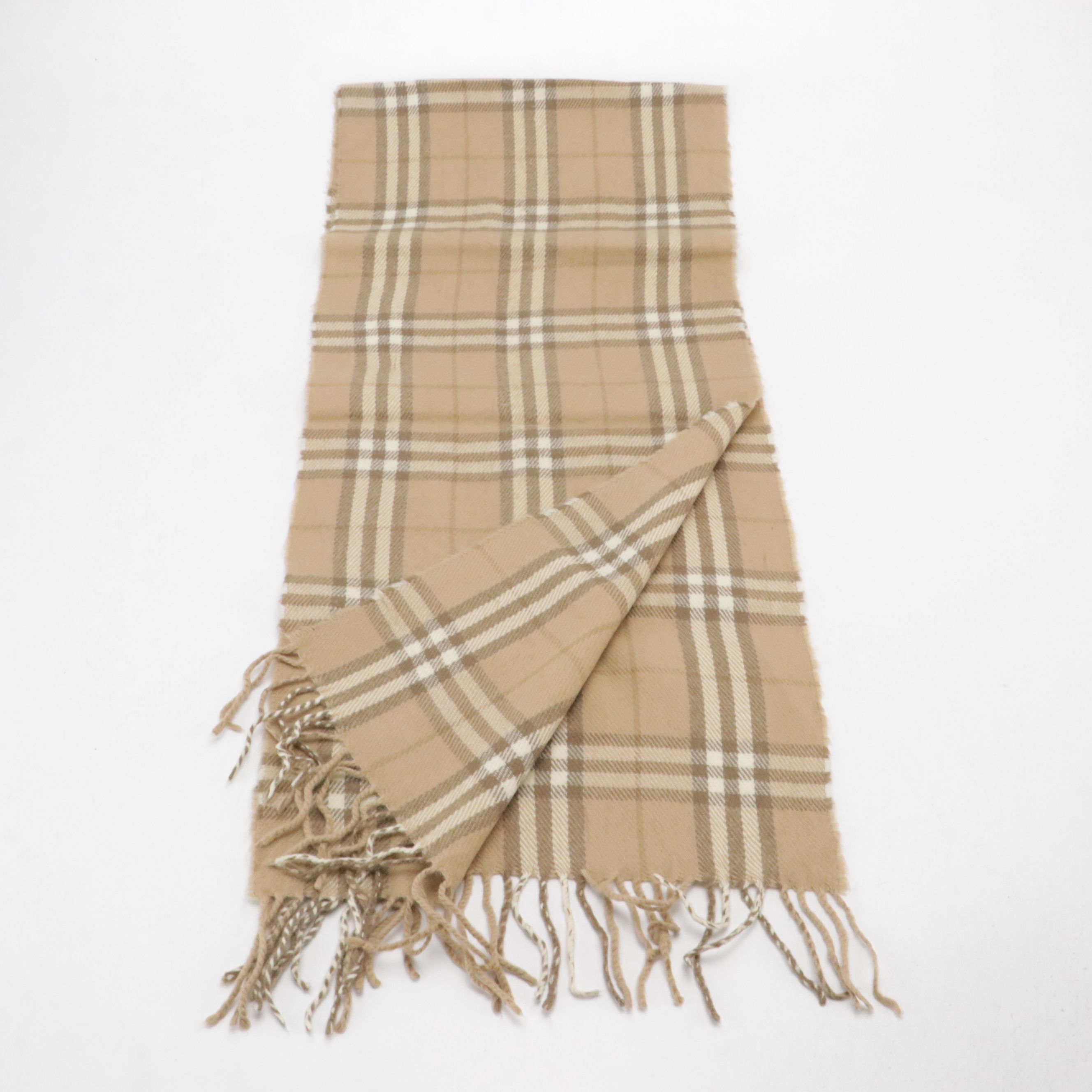 Burberrys of London Fringe Scarf in Vintage Beige Check Lambswool