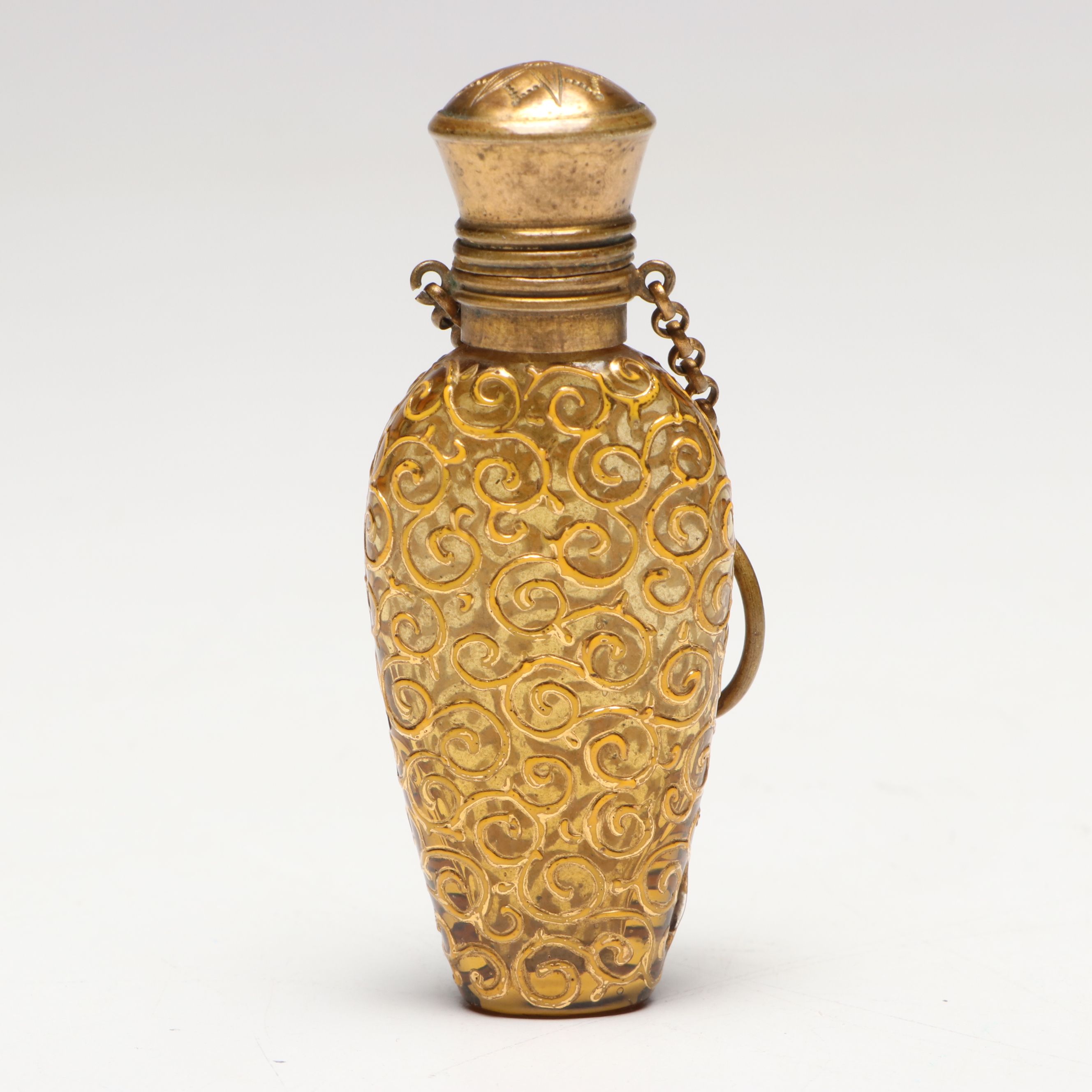 Victorian Gilt Filigree Glass Chatelaine Perfume Bottle, Late 19th C.