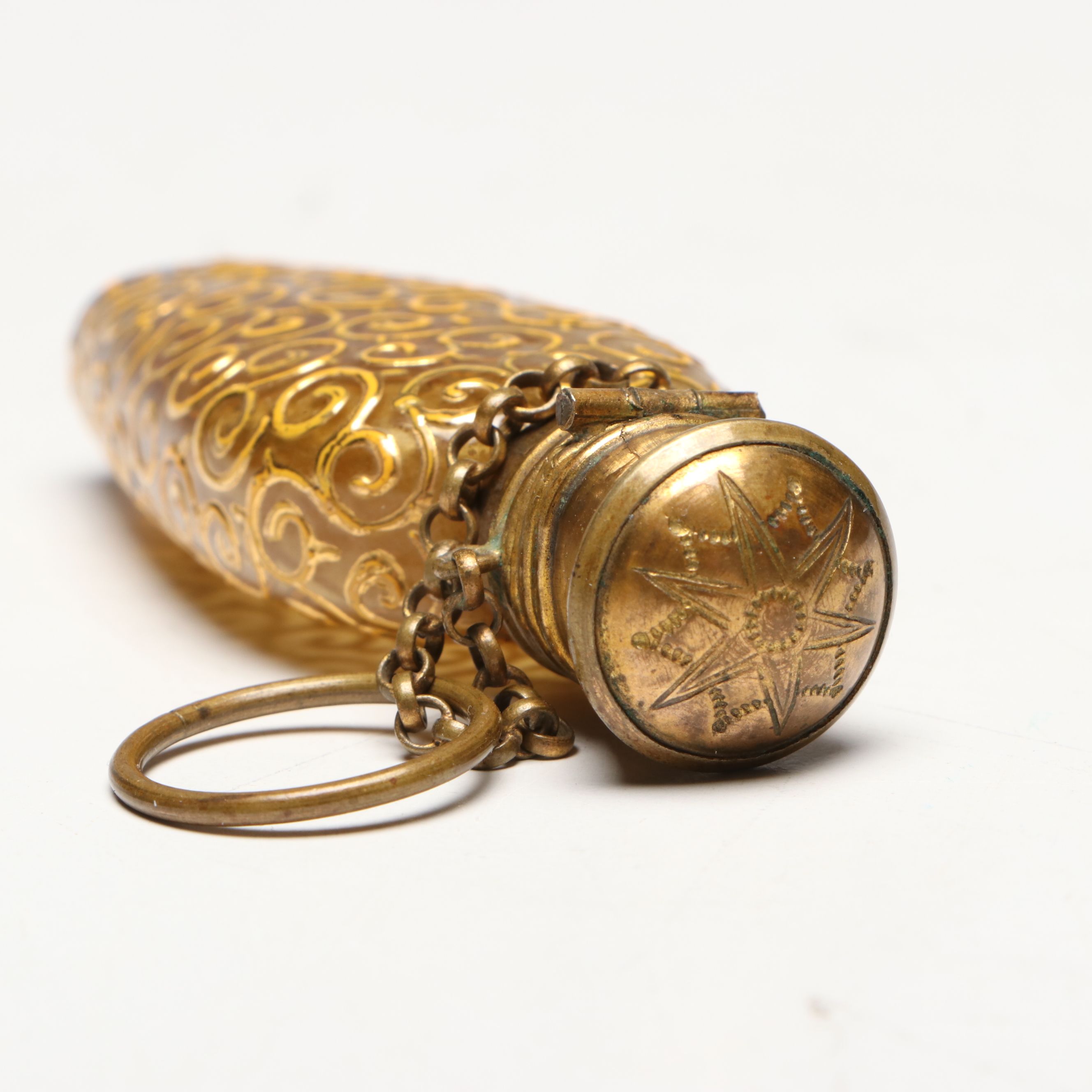 Victorian Gilt Filigree Glass Chatelaine Perfume Bottle, Late 19th C.
