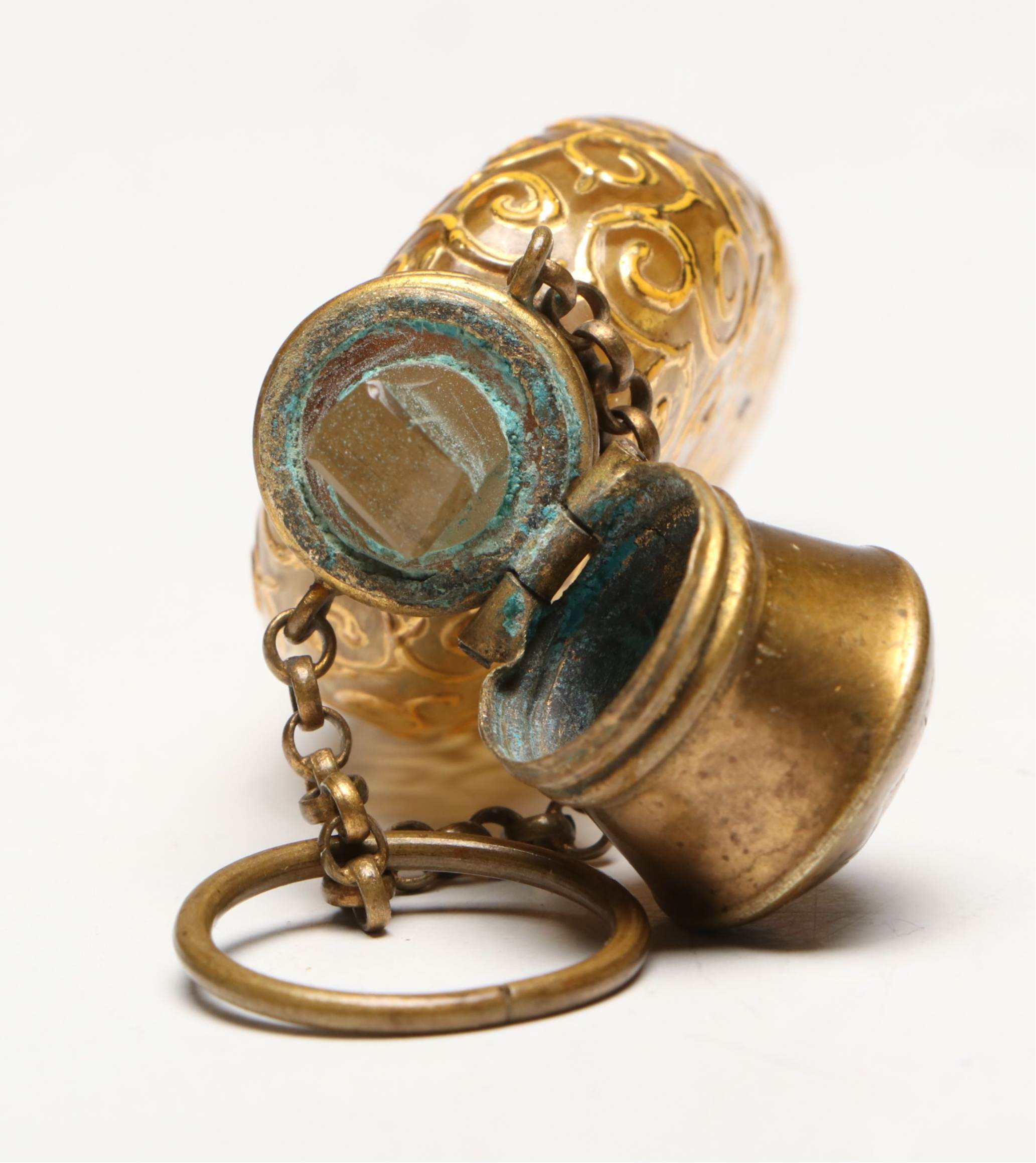 Victorian Gilt Filigree Glass Chatelaine Perfume Bottle, Late 19th C.