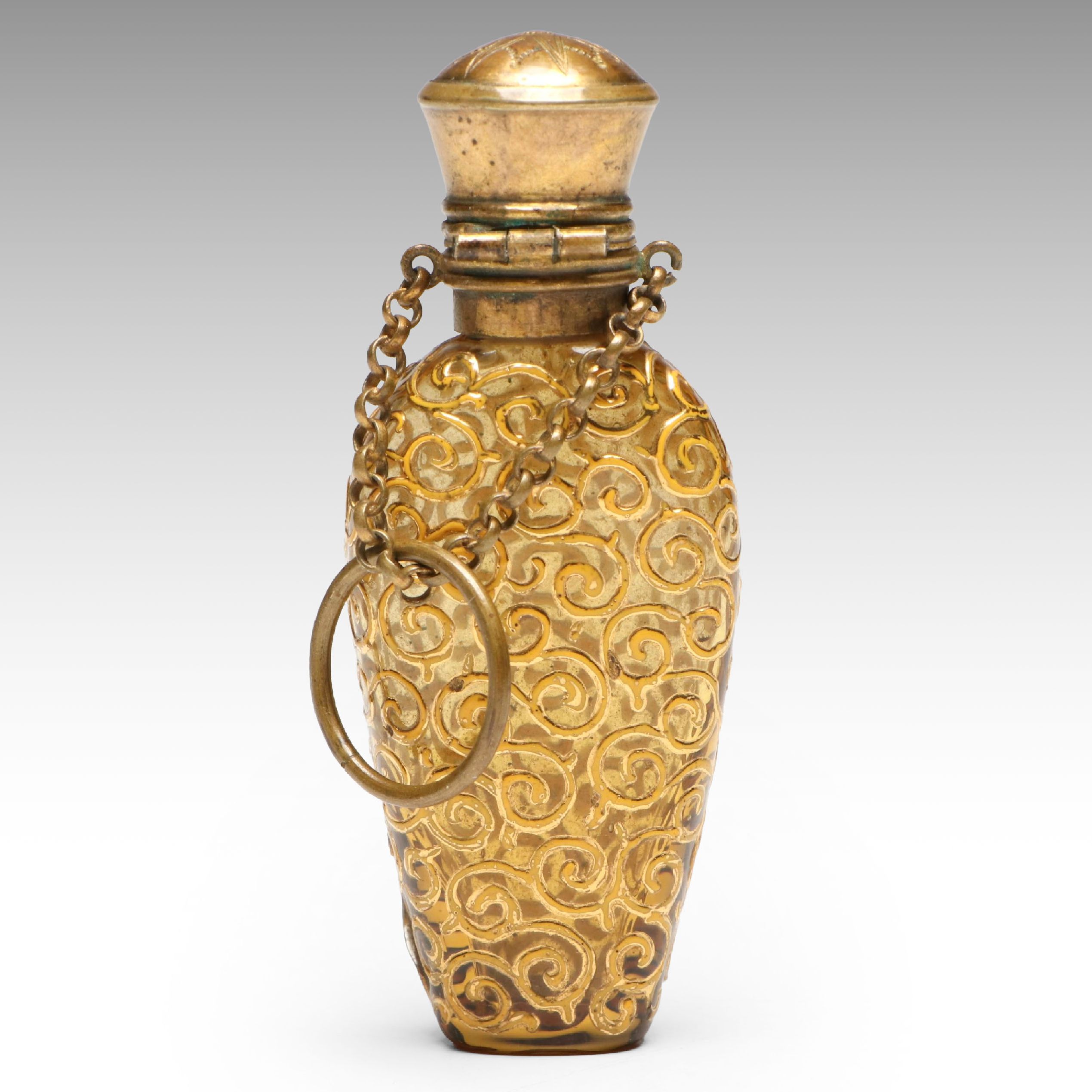 Victorian Gilt Filigree Glass Chatelaine Perfume Bottle, Late 19th C.