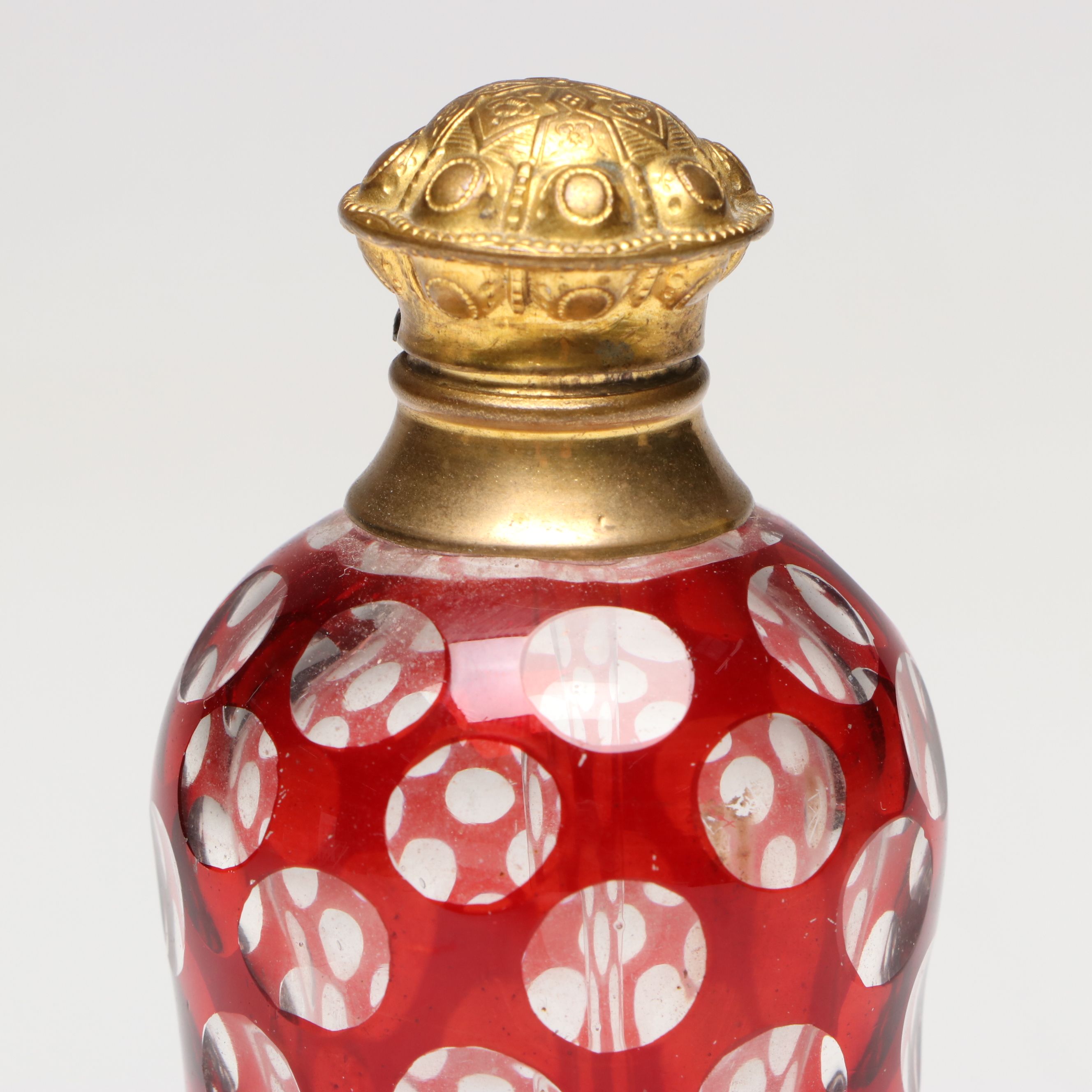 Bohemian Red Overlay Glass Perfume Bottle with Repoussé Lid, Antique