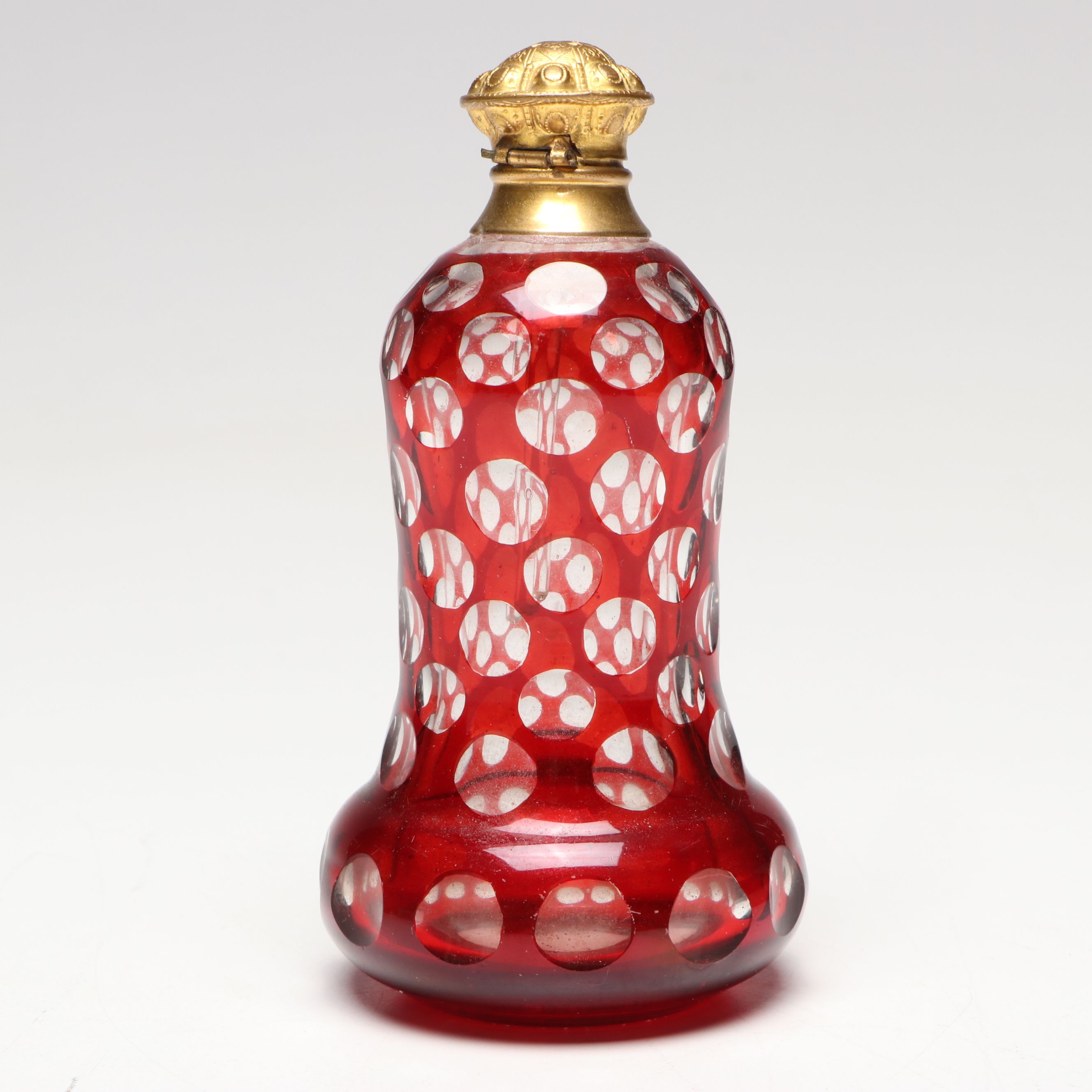 Bohemian Red Overlay Glass Perfume Bottle with Repoussé Lid, Antique