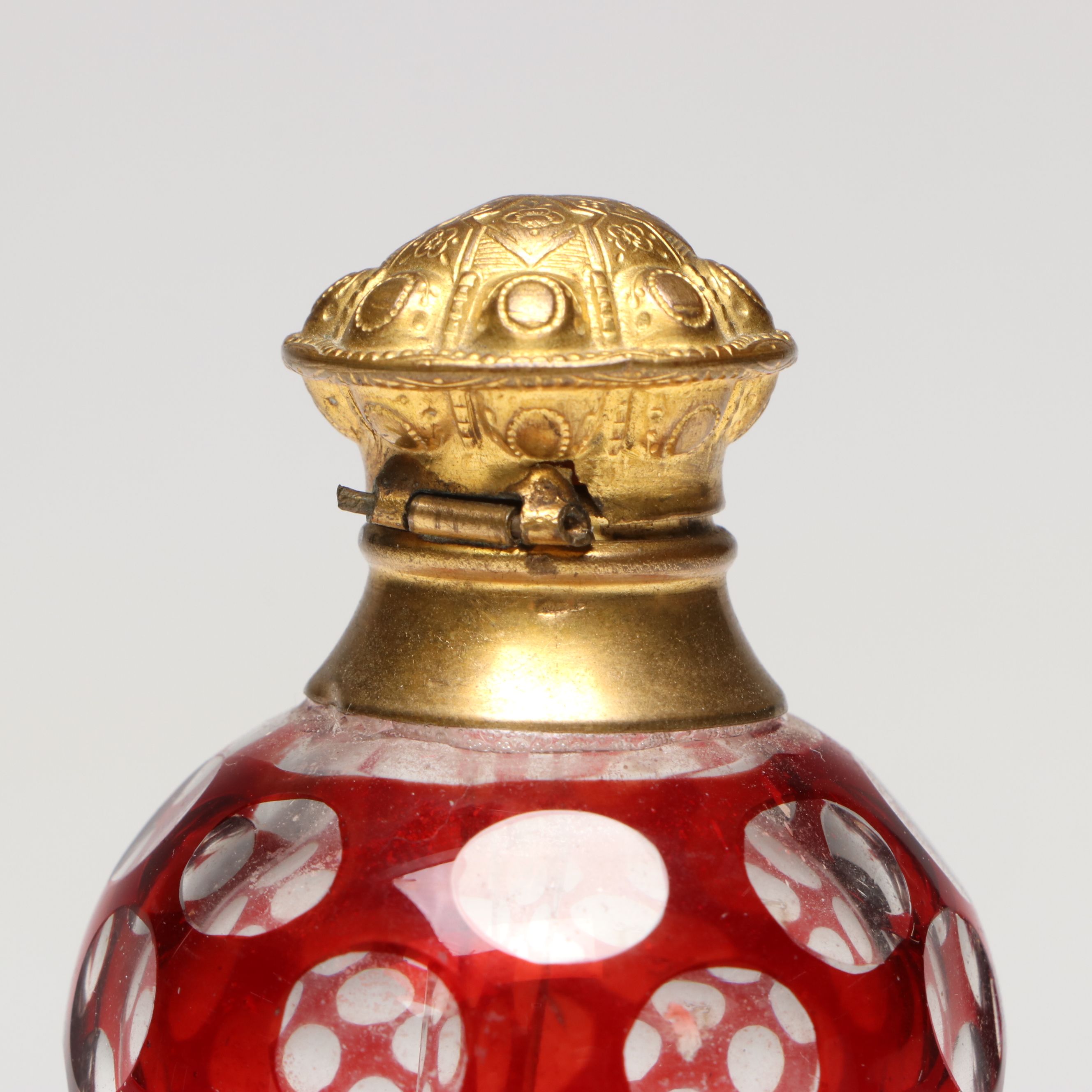 Bohemian Red Overlay Glass Perfume Bottle with Repoussé Lid, Antique