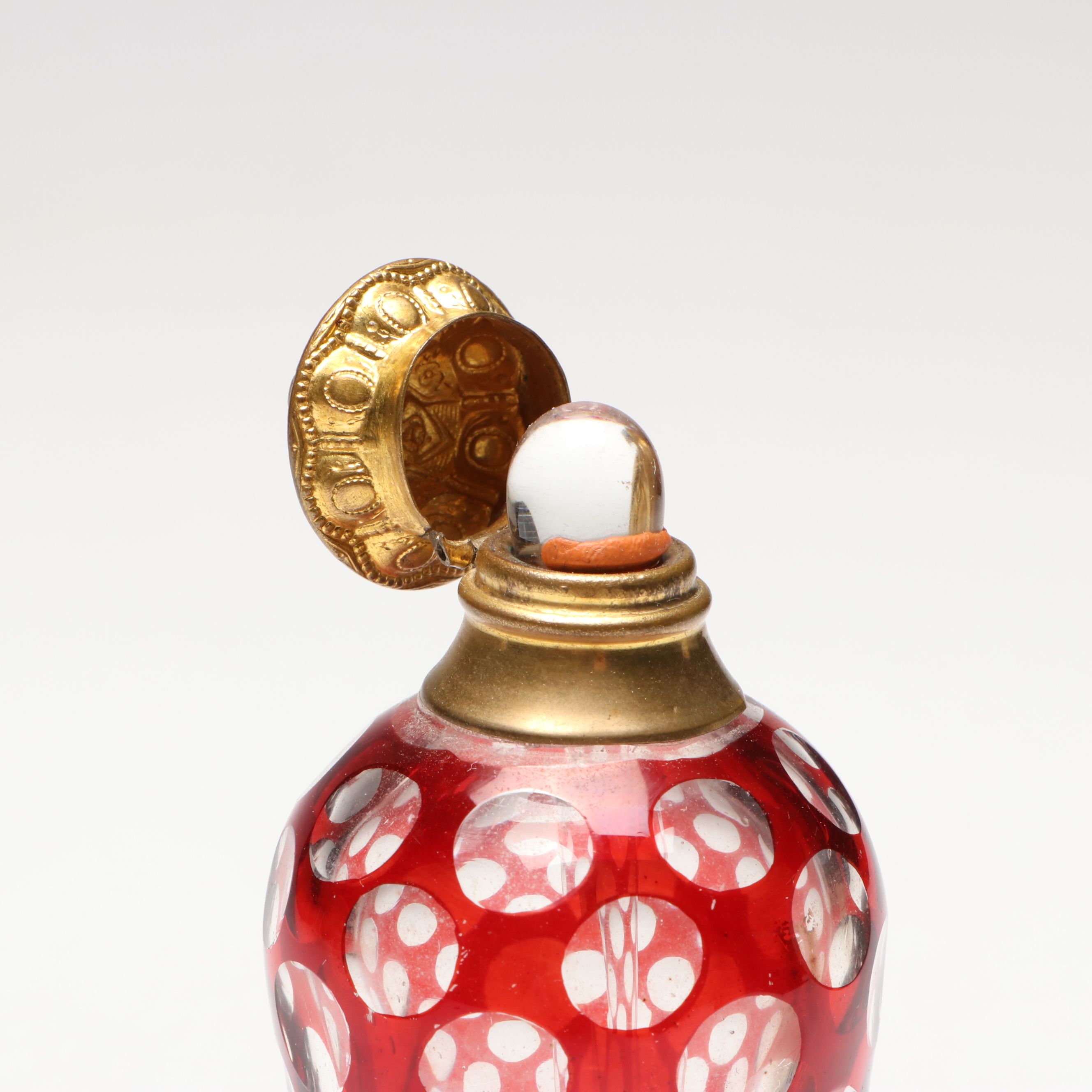 Bohemian Red Overlay Glass Perfume Bottle with Repoussé Lid, Antique