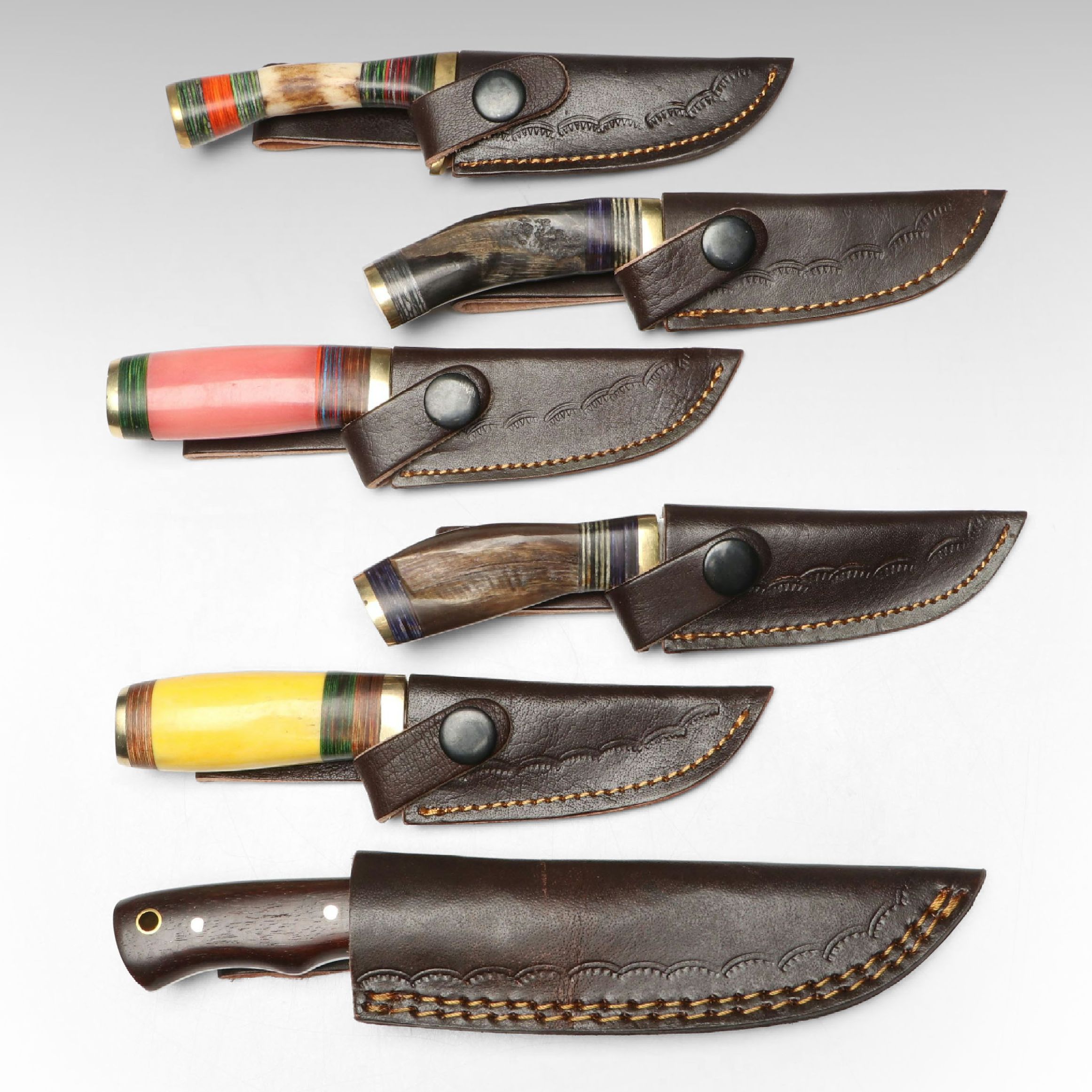 Damascus Steel Skinner and Hunting Knives in Leather Scabbards