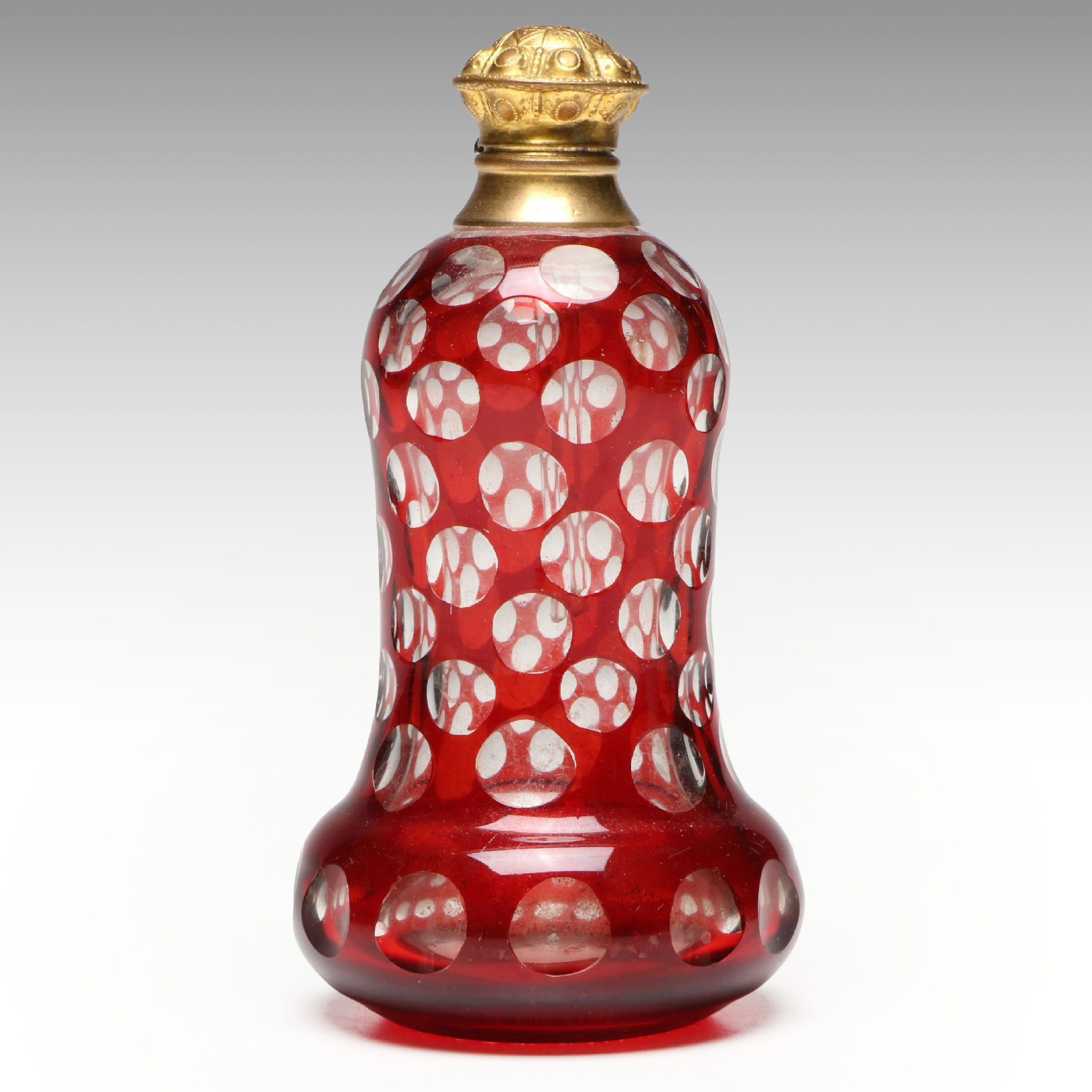 Bohemian Red Overlay Glass Perfume Bottle with Repoussé Lid, Antique