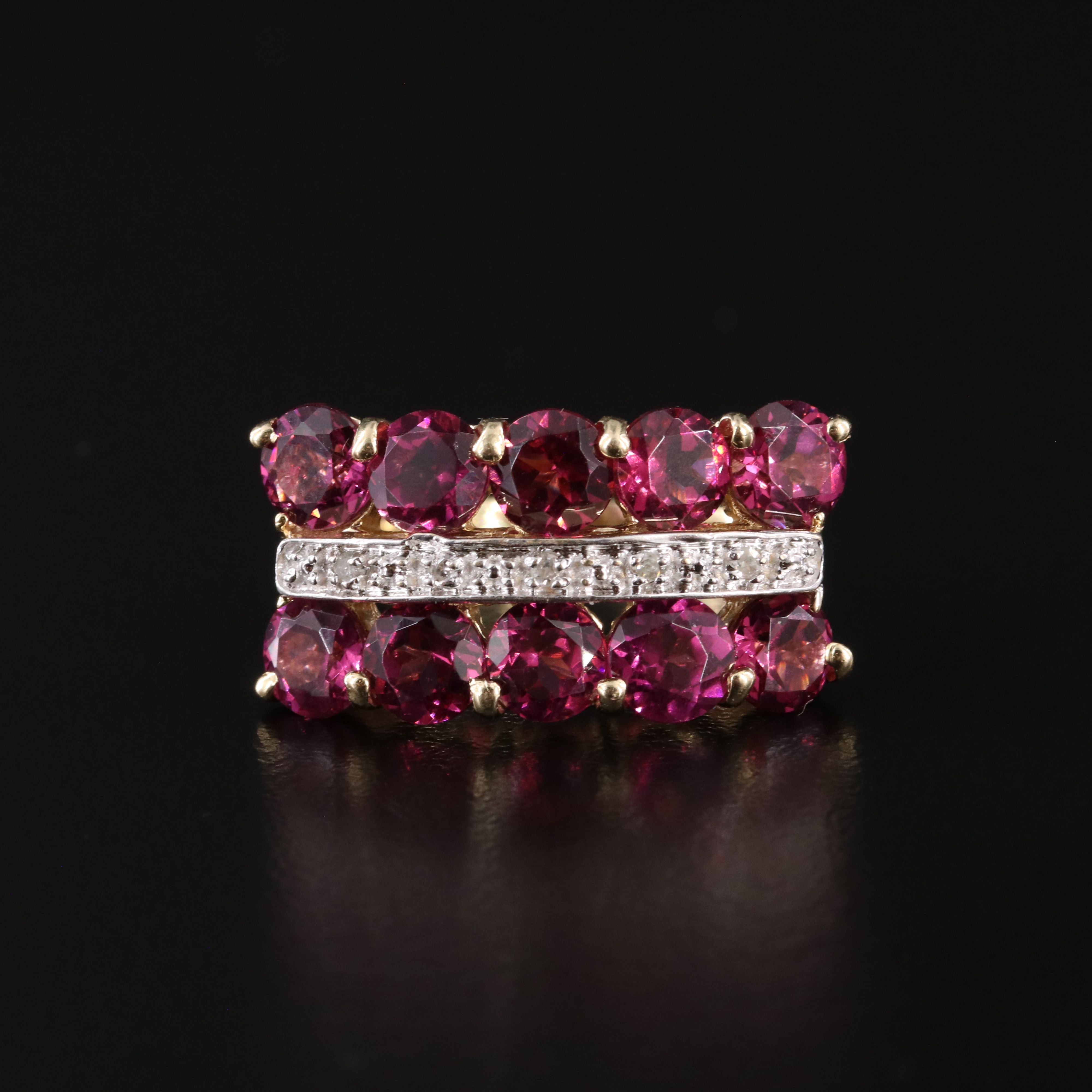 14K Garnet and Diamond Three Row Ring