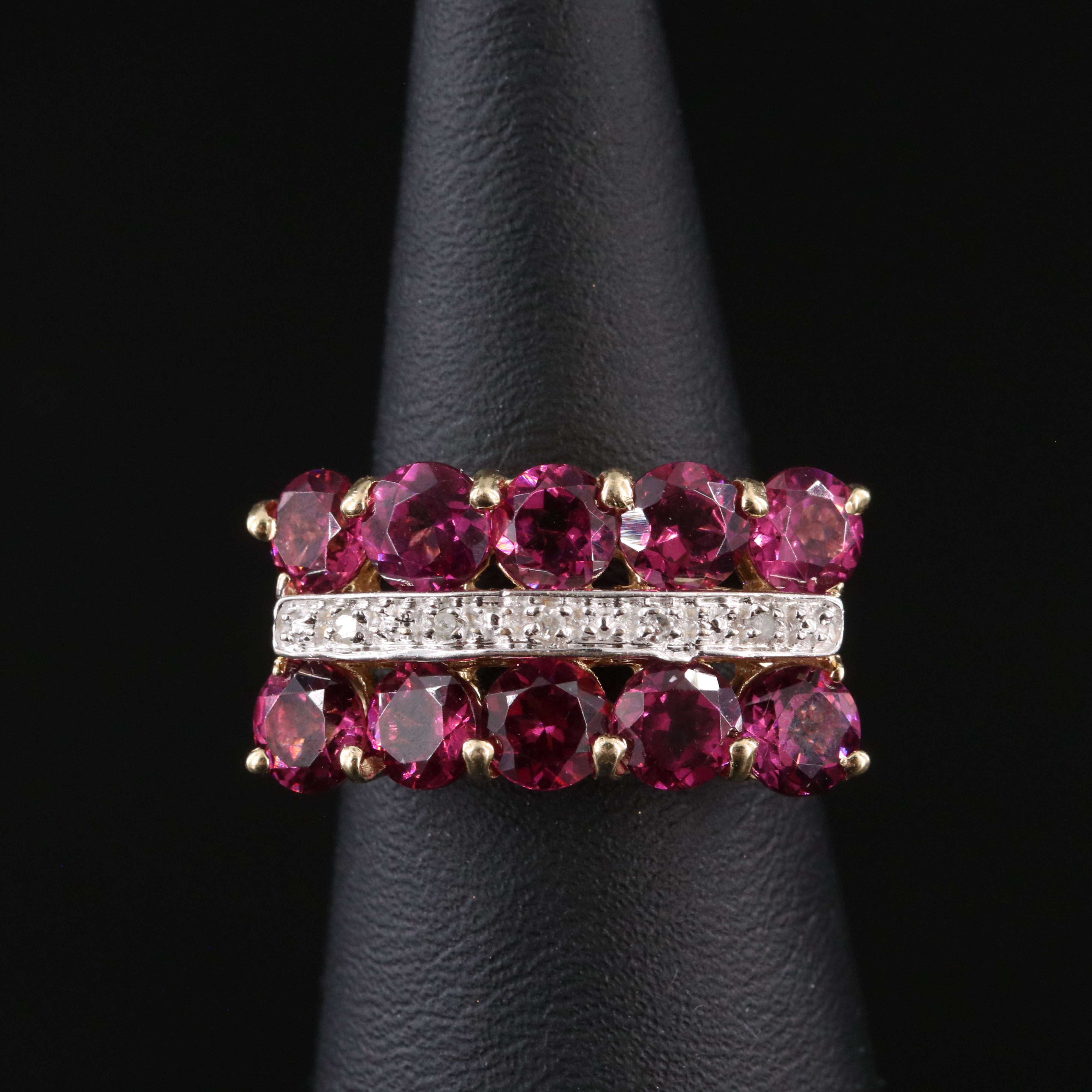 14K Garnet and Diamond Three Row Ring