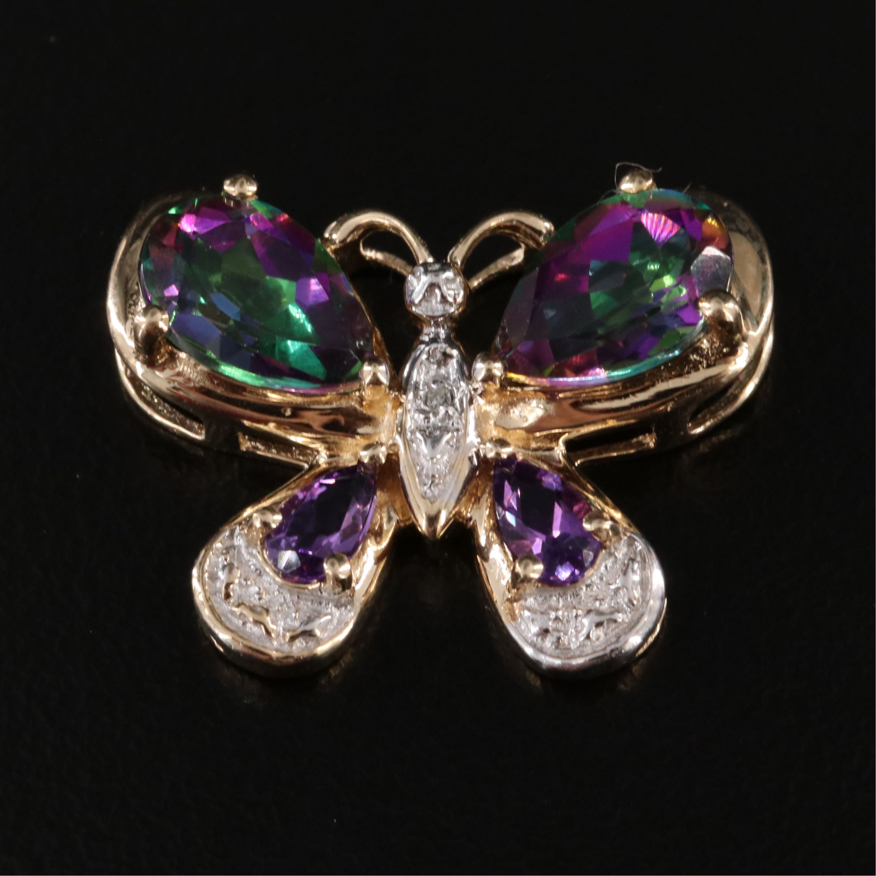 10K Amethyst, Mystic Topaz, and Diamond Butterfly Pendant