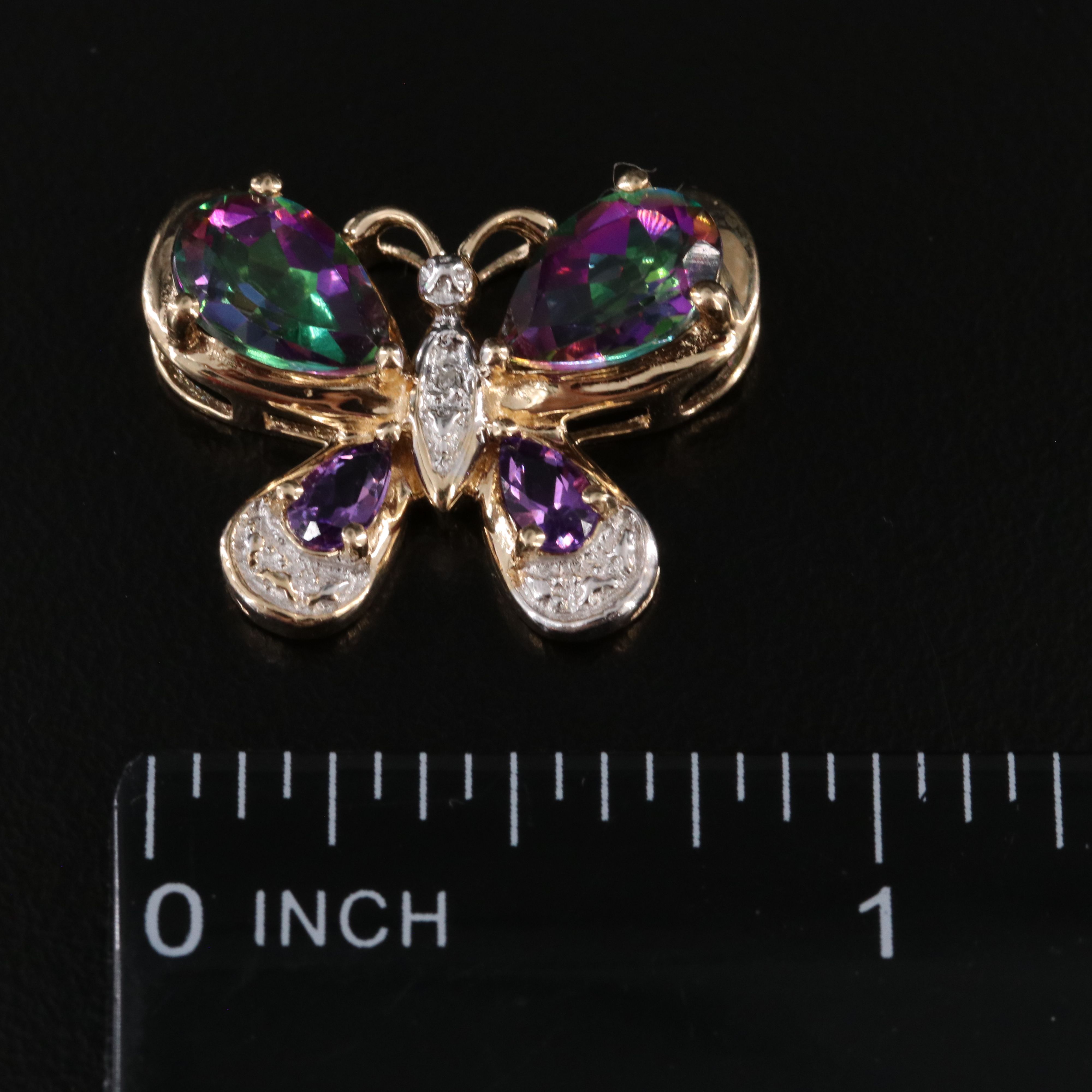 10K Amethyst, Mystic Topaz, and Diamond Butterfly Pendant