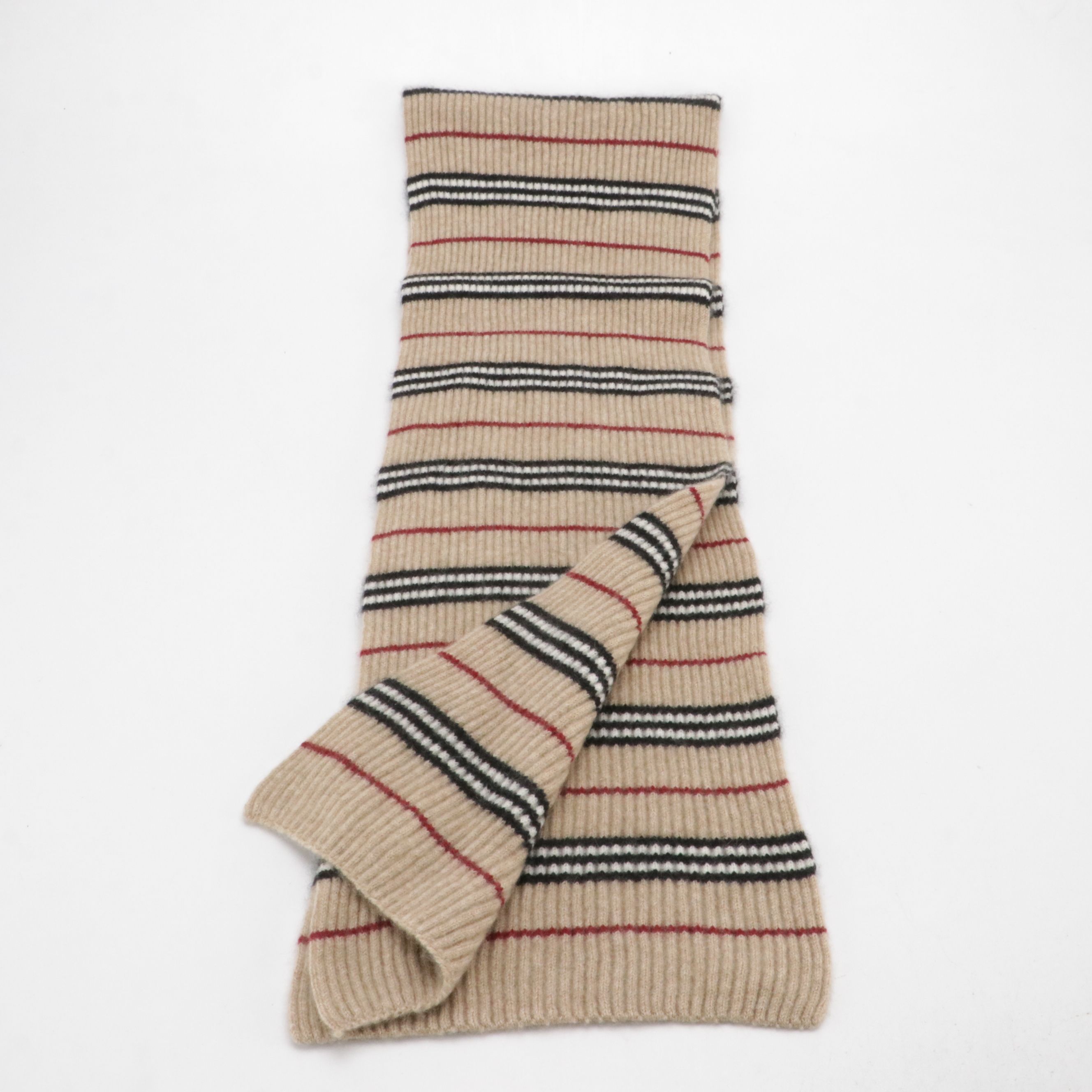 Burberry London Stripe Pattern Muffler Scarf in Cashmere Rib Knit