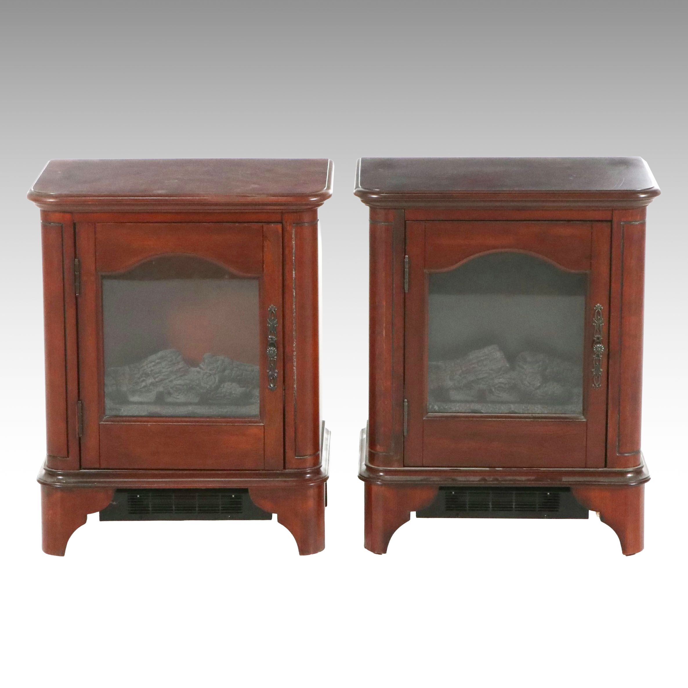 Pair of Twin Star Electric Fireplaces in Wooden Glass Front Cabinets