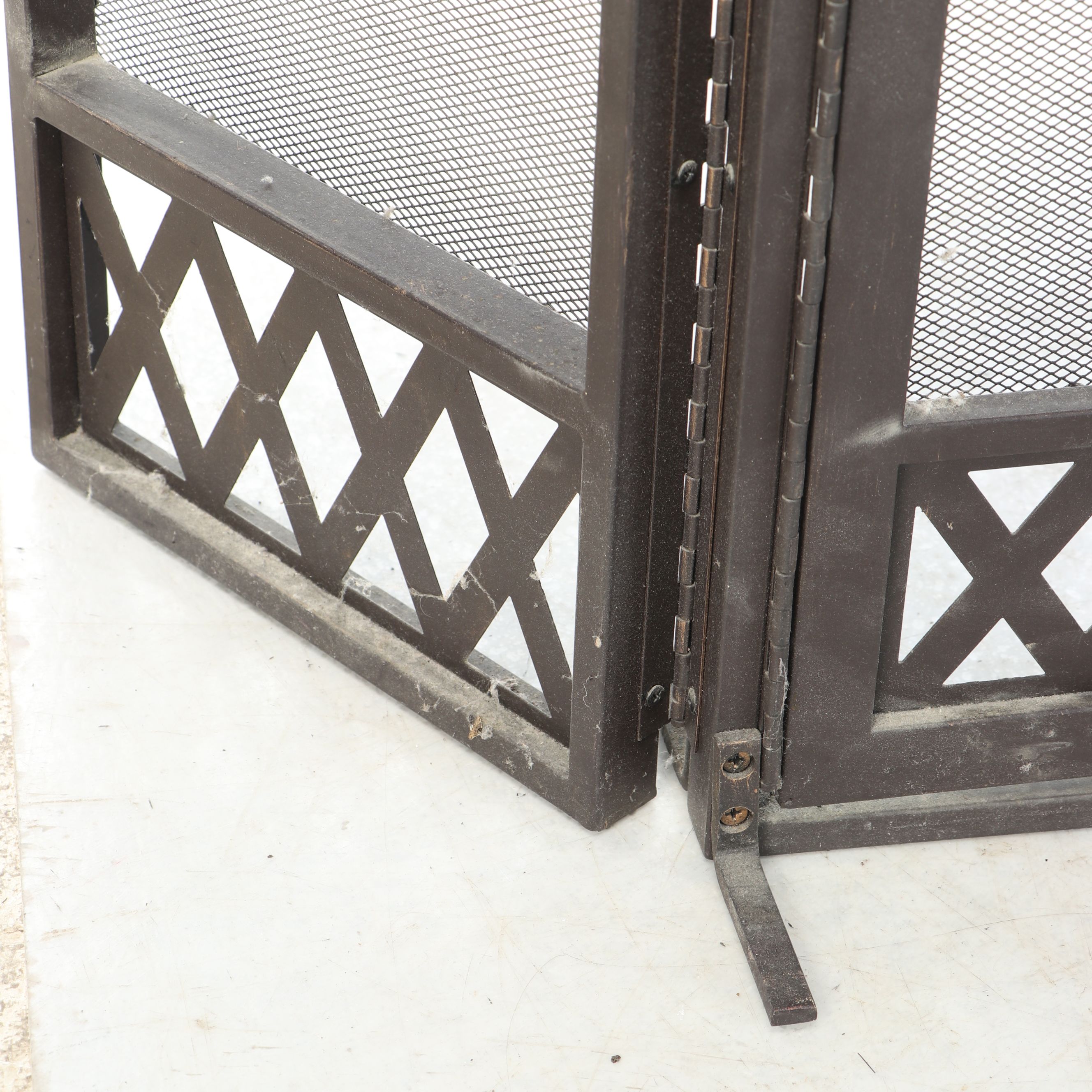 English Style Metal Fireplace Screen with Wood Bellows and Other Tools