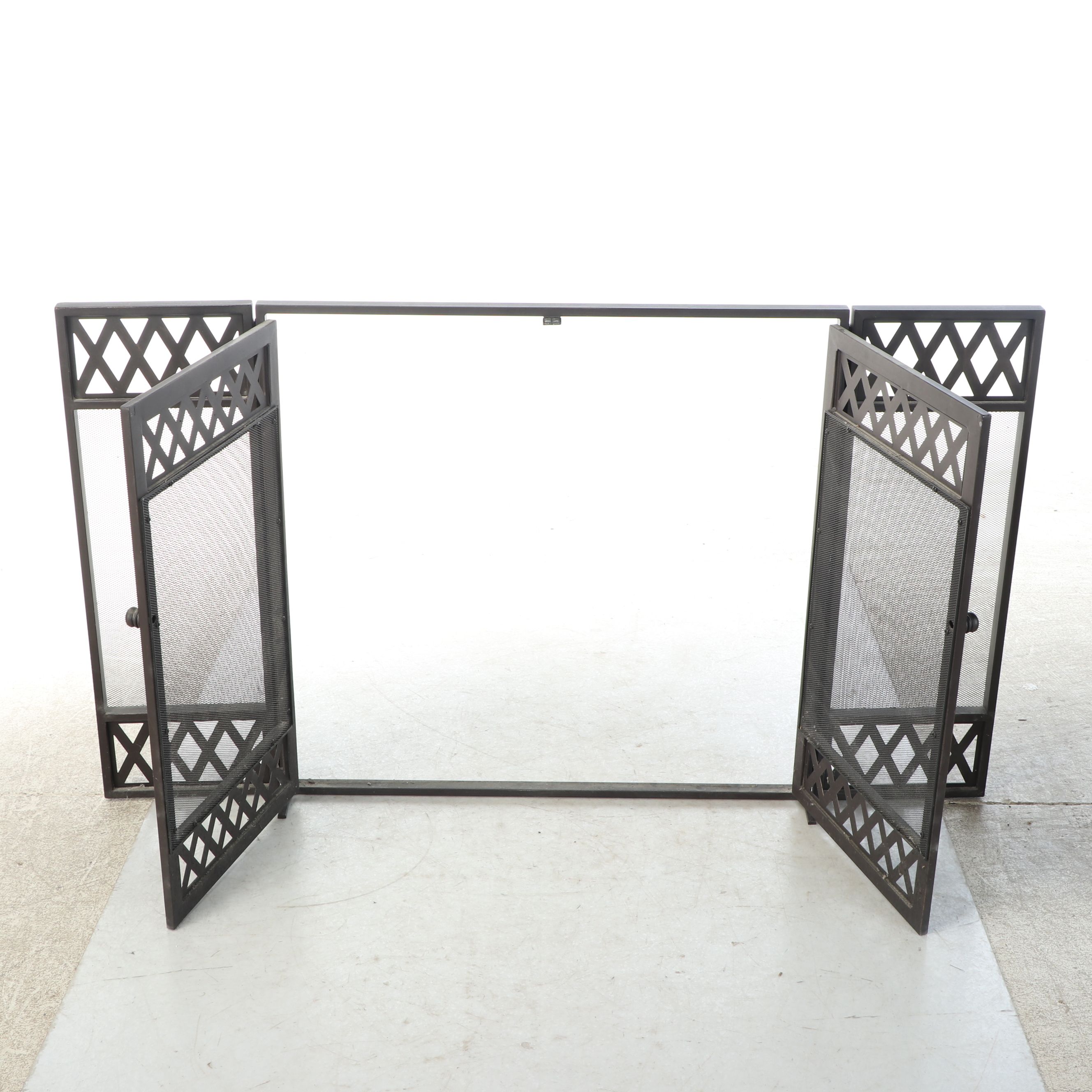 English Style Metal Fireplace Screen with Wood Bellows and Other Tools