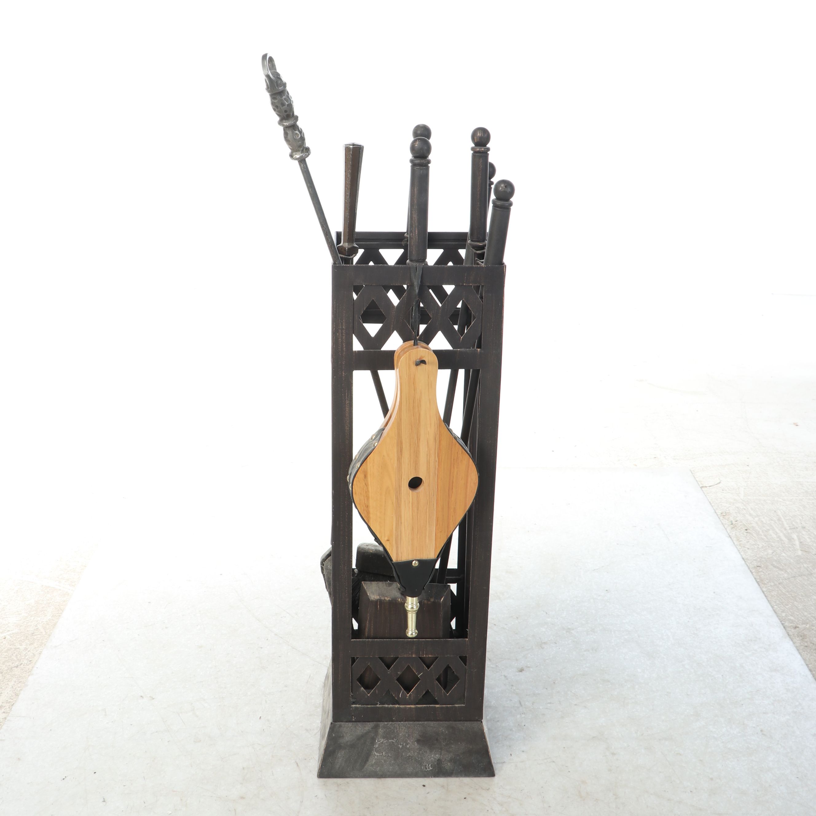 English Style Metal Fireplace Screen with Wood Bellows and Other Tools