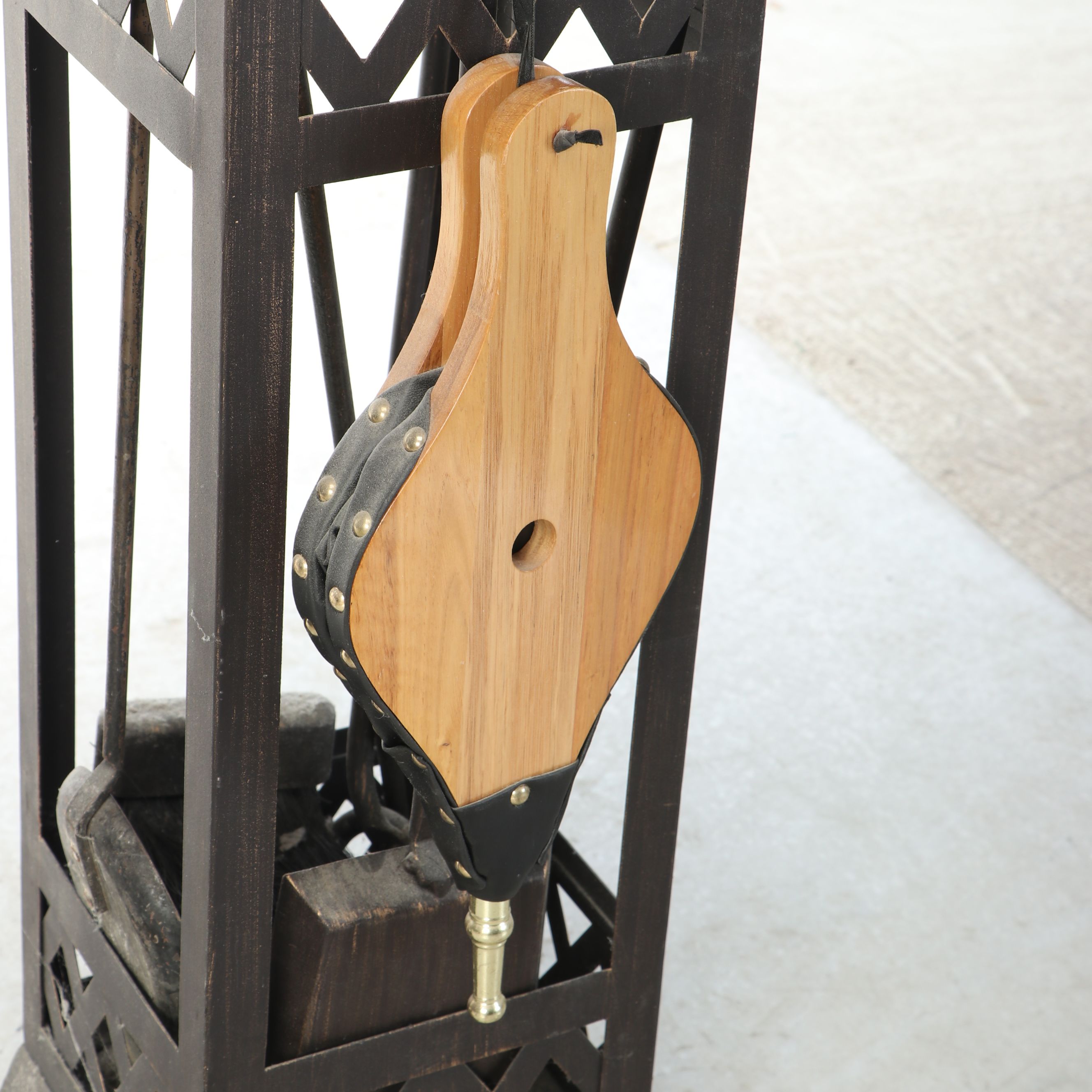 English Style Metal Fireplace Screen with Wood Bellows and Other Tools