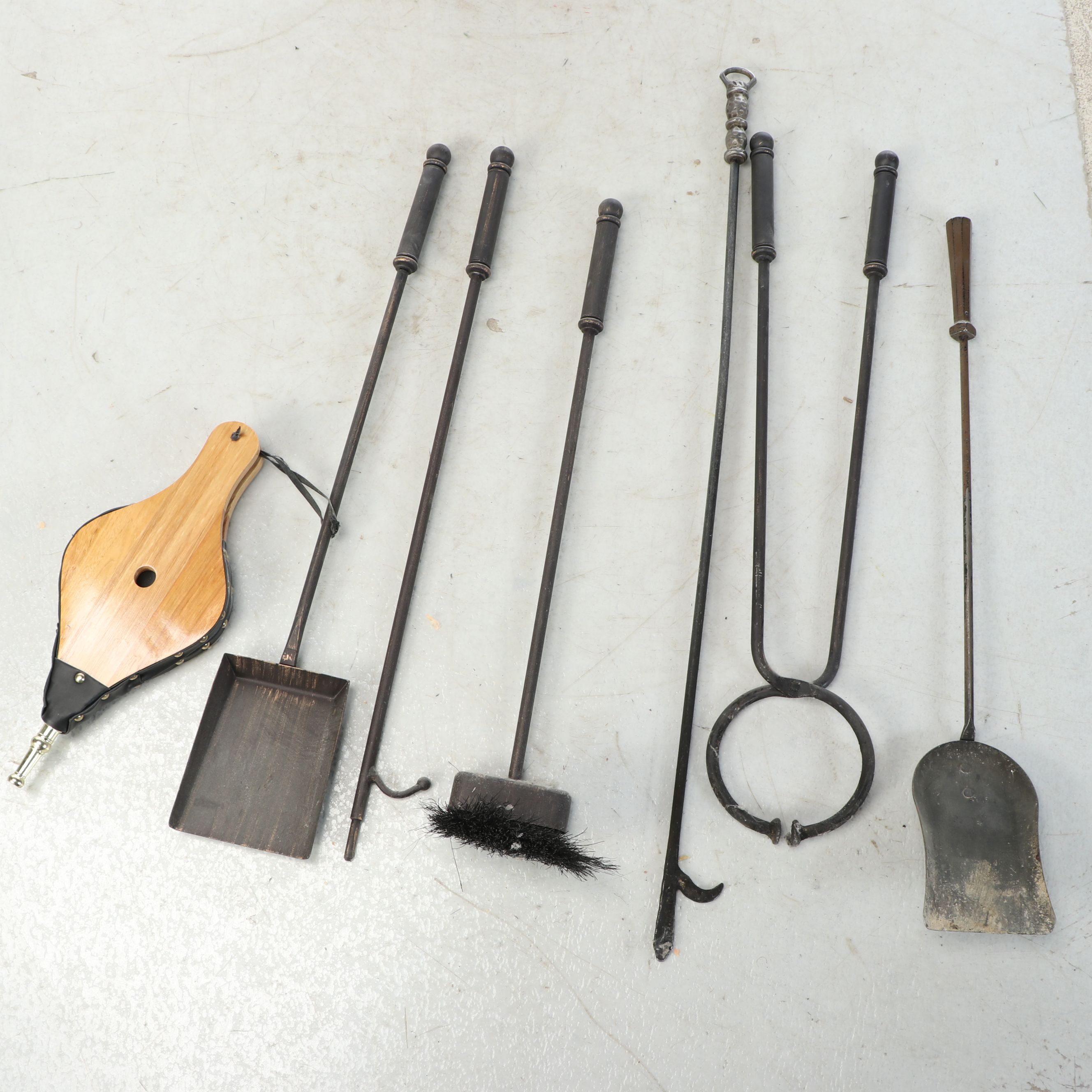 English Style Metal Fireplace Screen with Wood Bellows and Other Tools