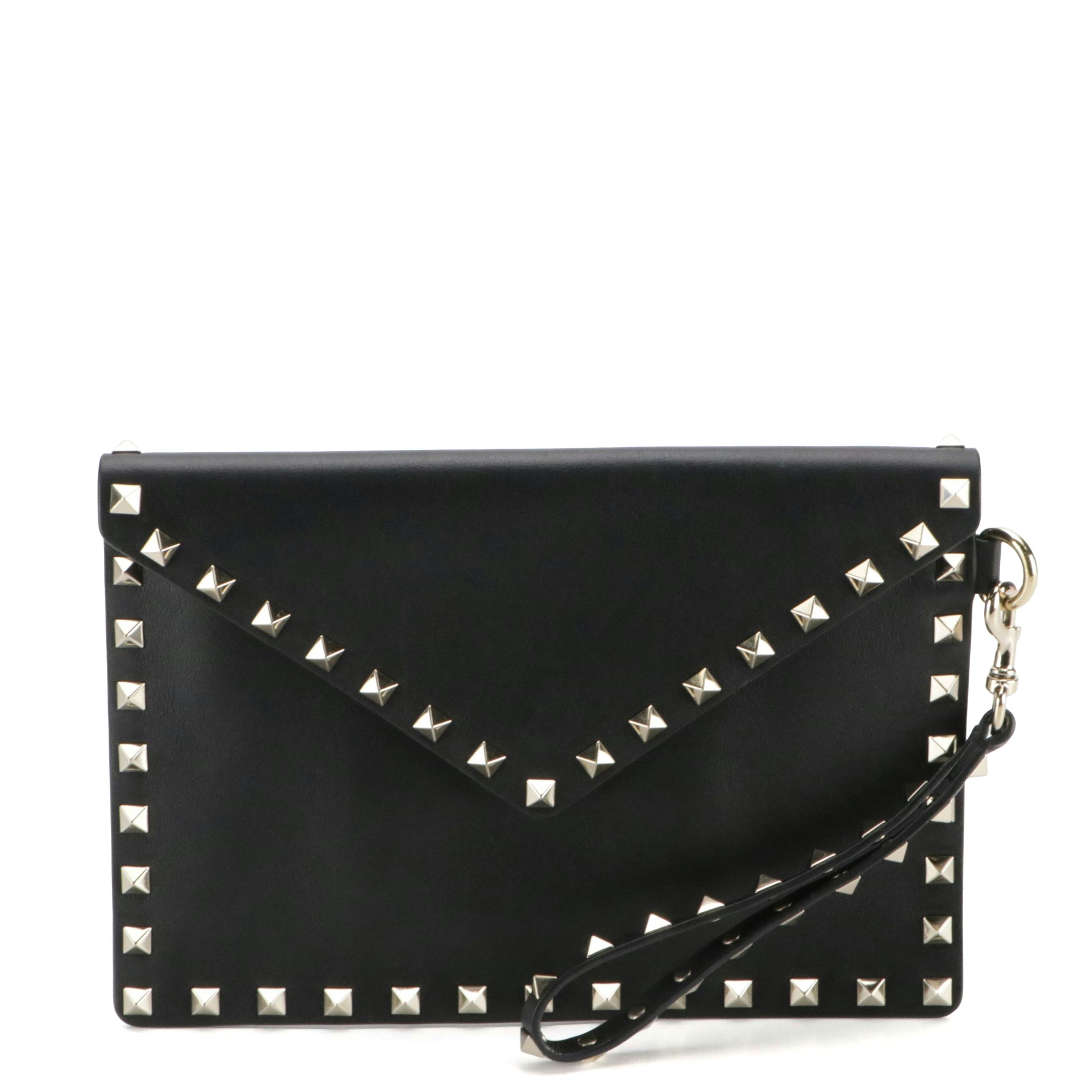 Valentino Garavani Envelope Flap Wristlet Clutch in Rockstud Black Calfskin