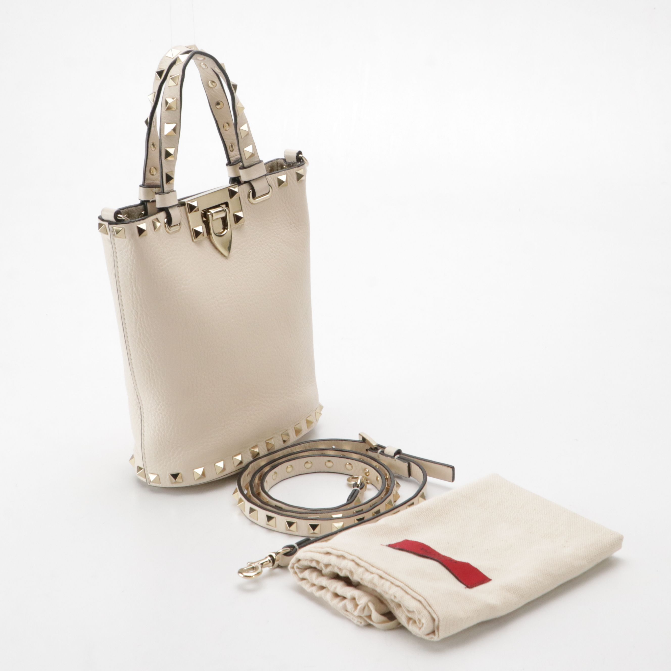 Valentino Garavani Rockstud Mini Two-Way Tote Bag in Ivory Grained Calfskin