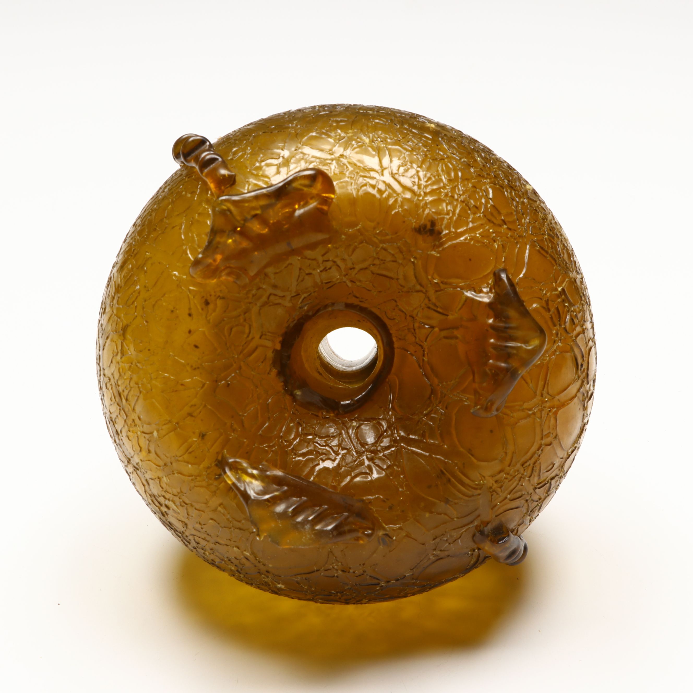 Loetz Style Crackled Amber Glass Vessel with Applied Handles