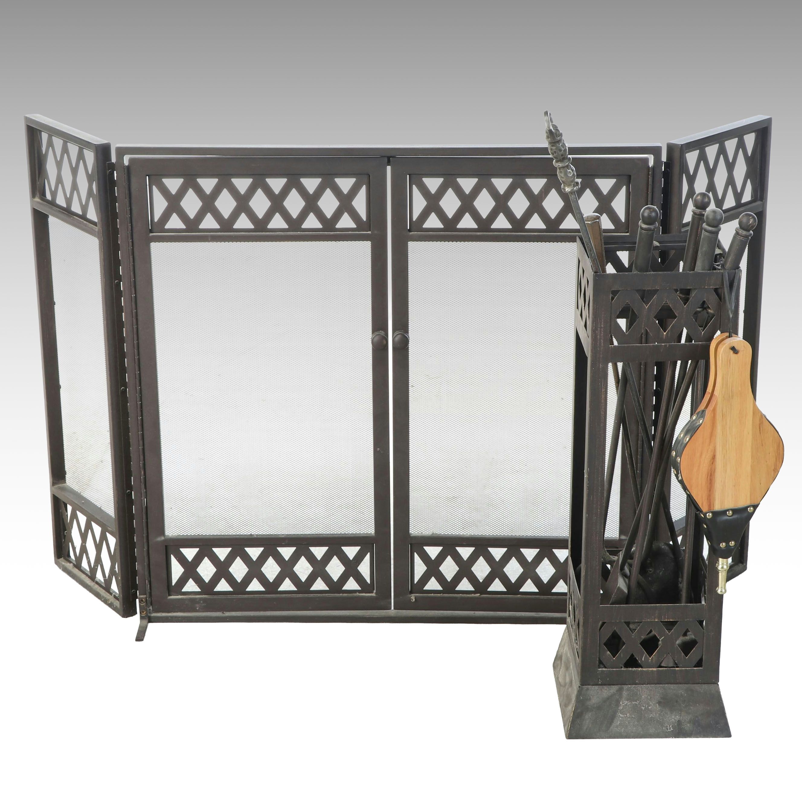 English Style Metal Fireplace Screen with Wood Bellows and Other Tools