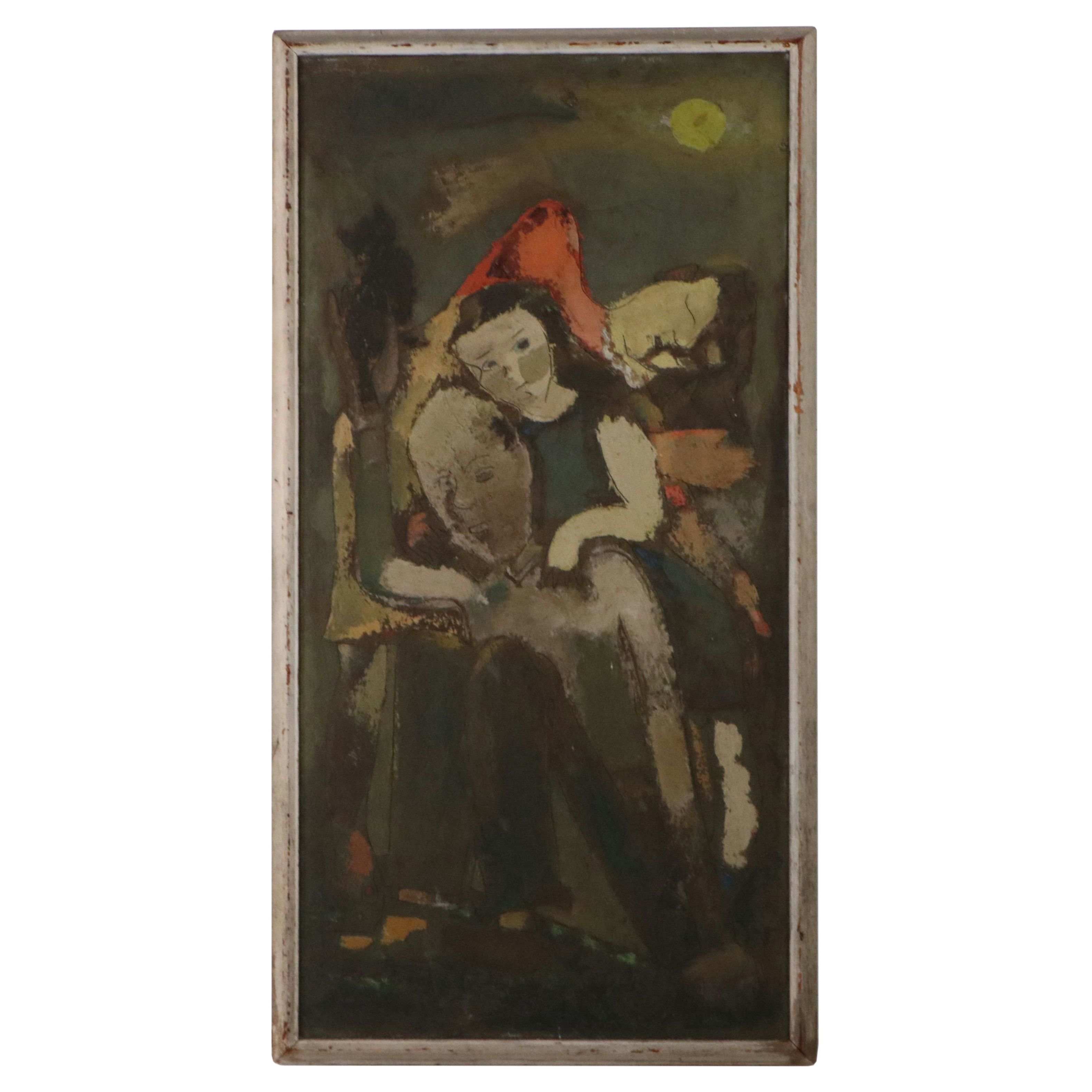 Sterling Strauser Oil Painting of Nocturne with Three Figures and Cat, 1942