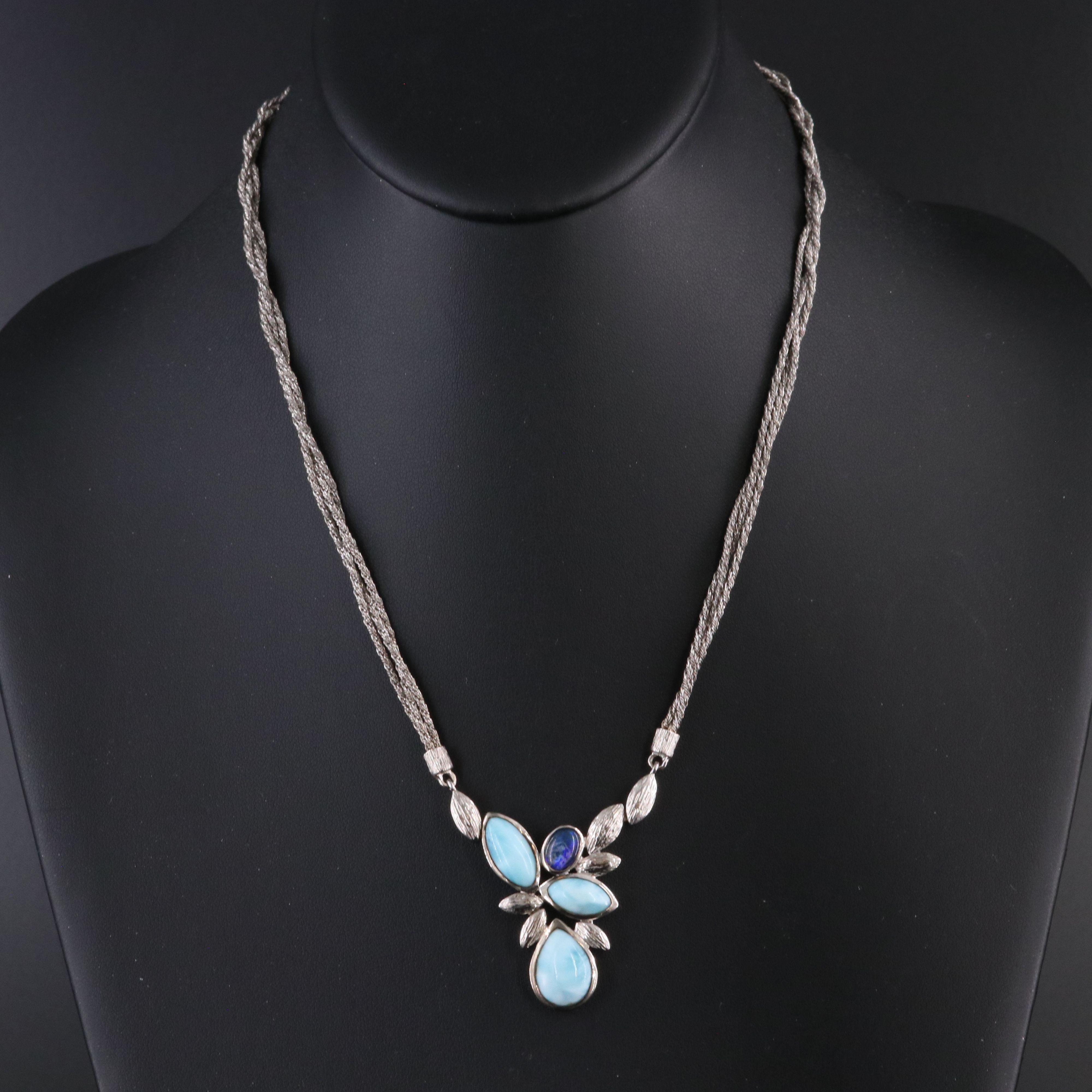 Sterling Larimar and Glass Triple Strand Necklace