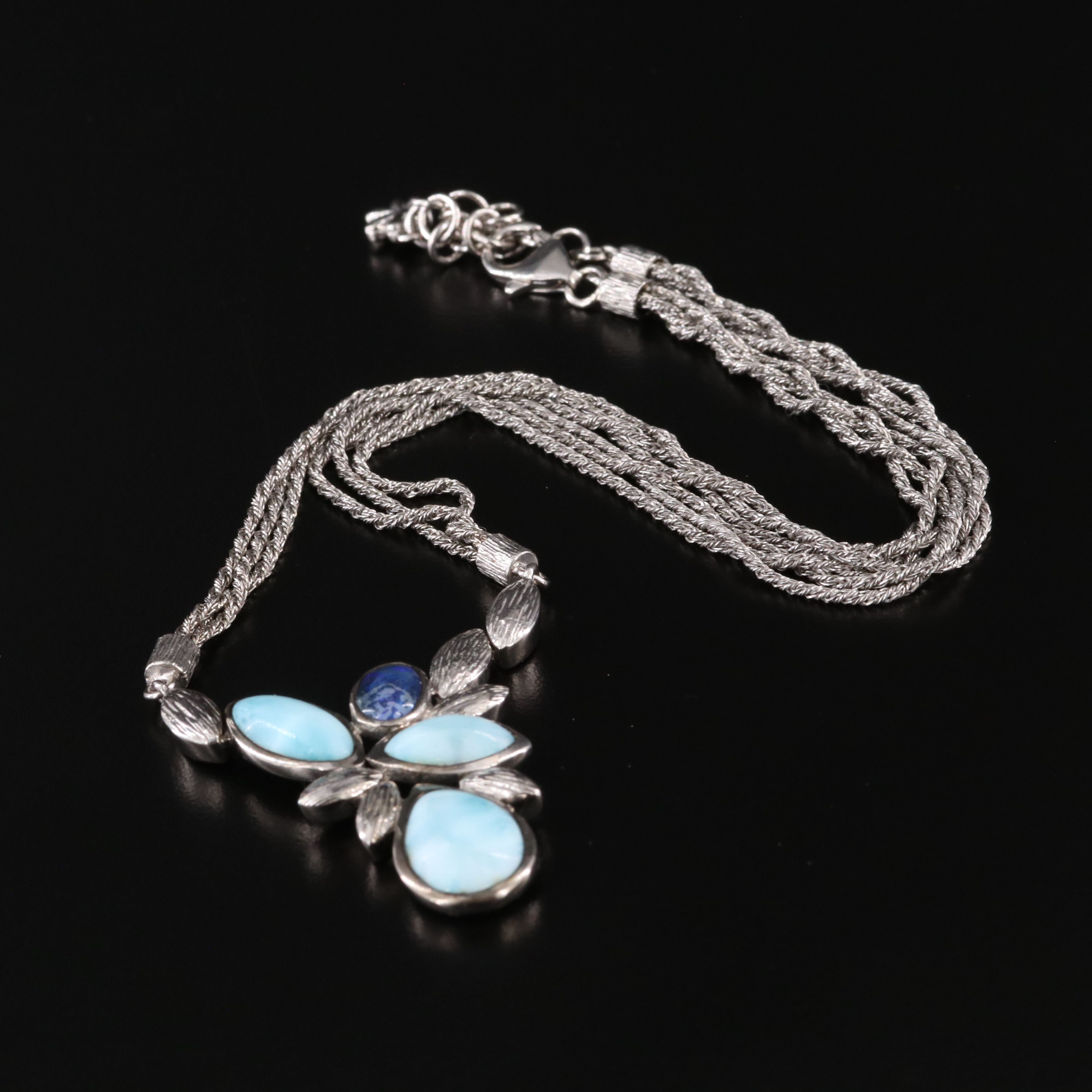 Sterling Larimar and Glass Triple Strand Necklace