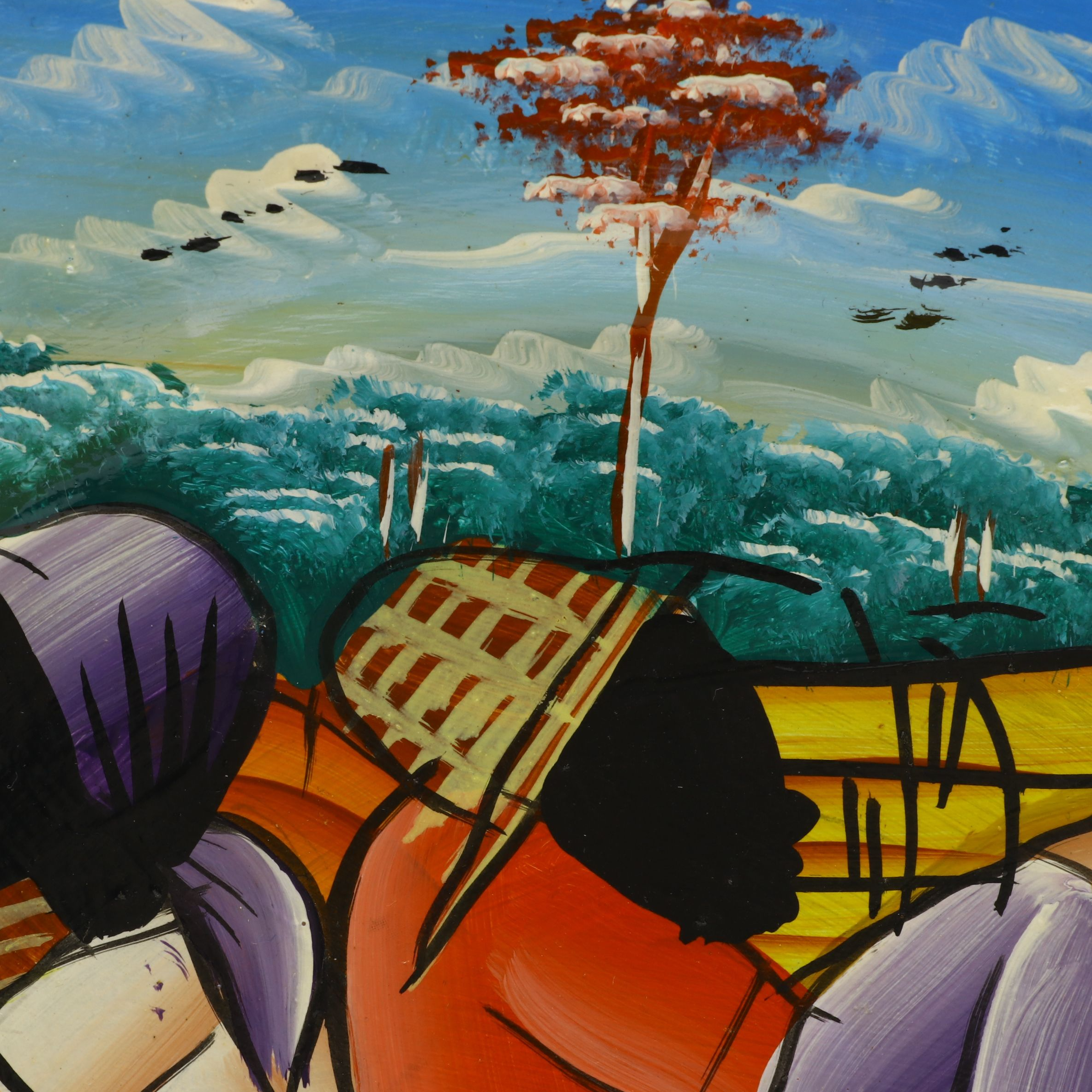 Hand-Painted Folk Art Plate of Haitian Market Scene on Stand, Signed by Artist