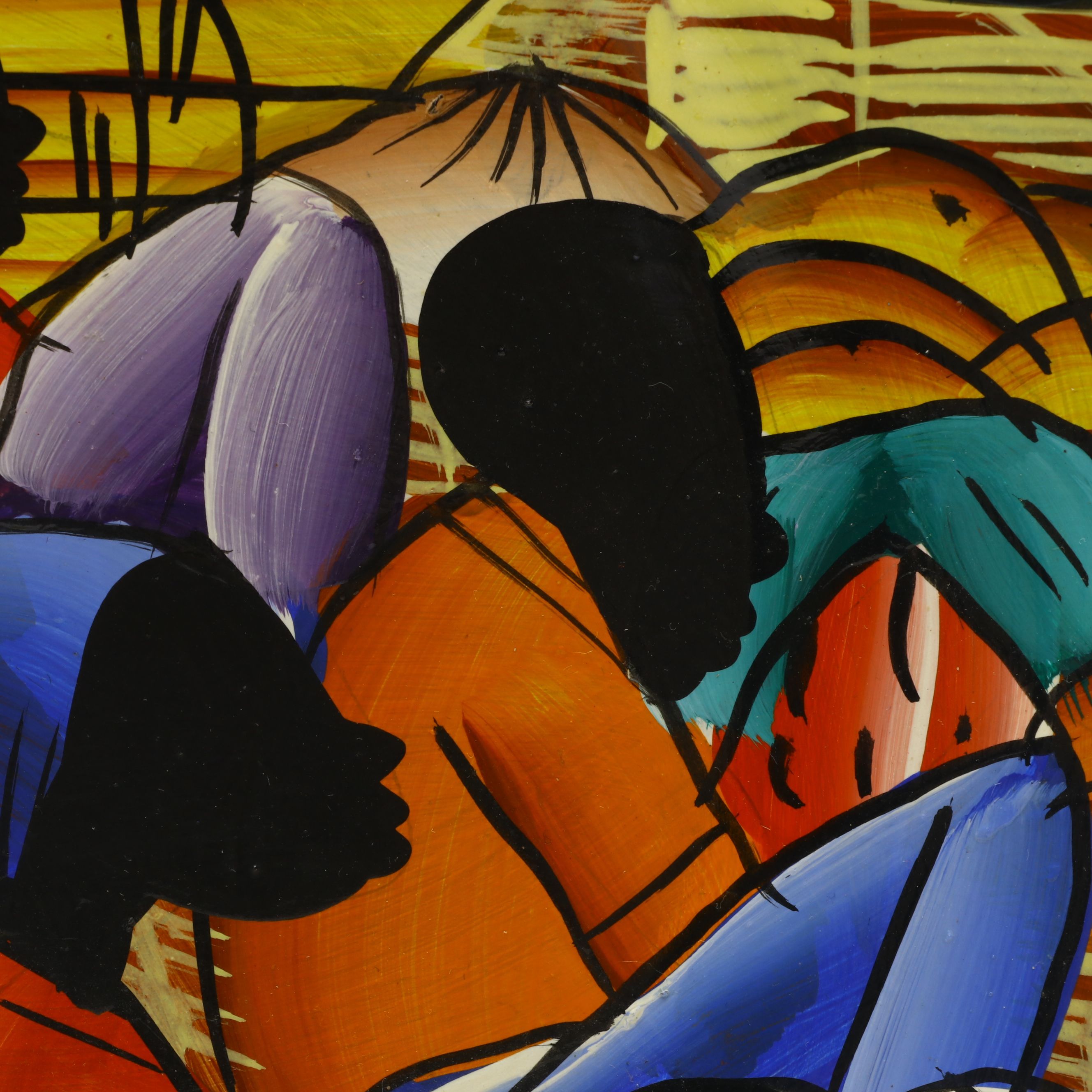 Hand-Painted Folk Art Plate of Haitian Market Scene on Stand, Signed by Artist