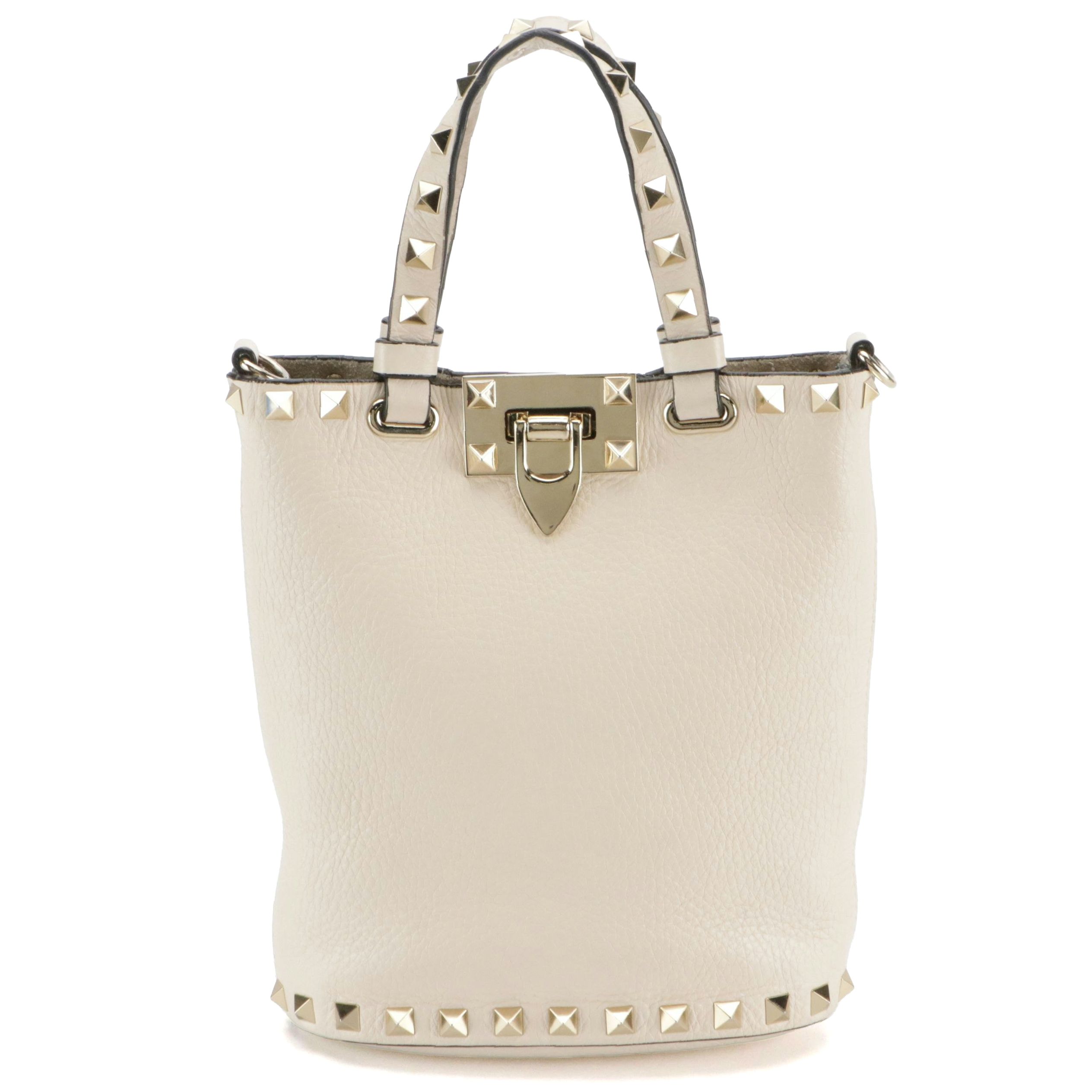 Valentino Garavani Rockstud Mini Two-Way Tote Bag in Ivory Grained Calfskin