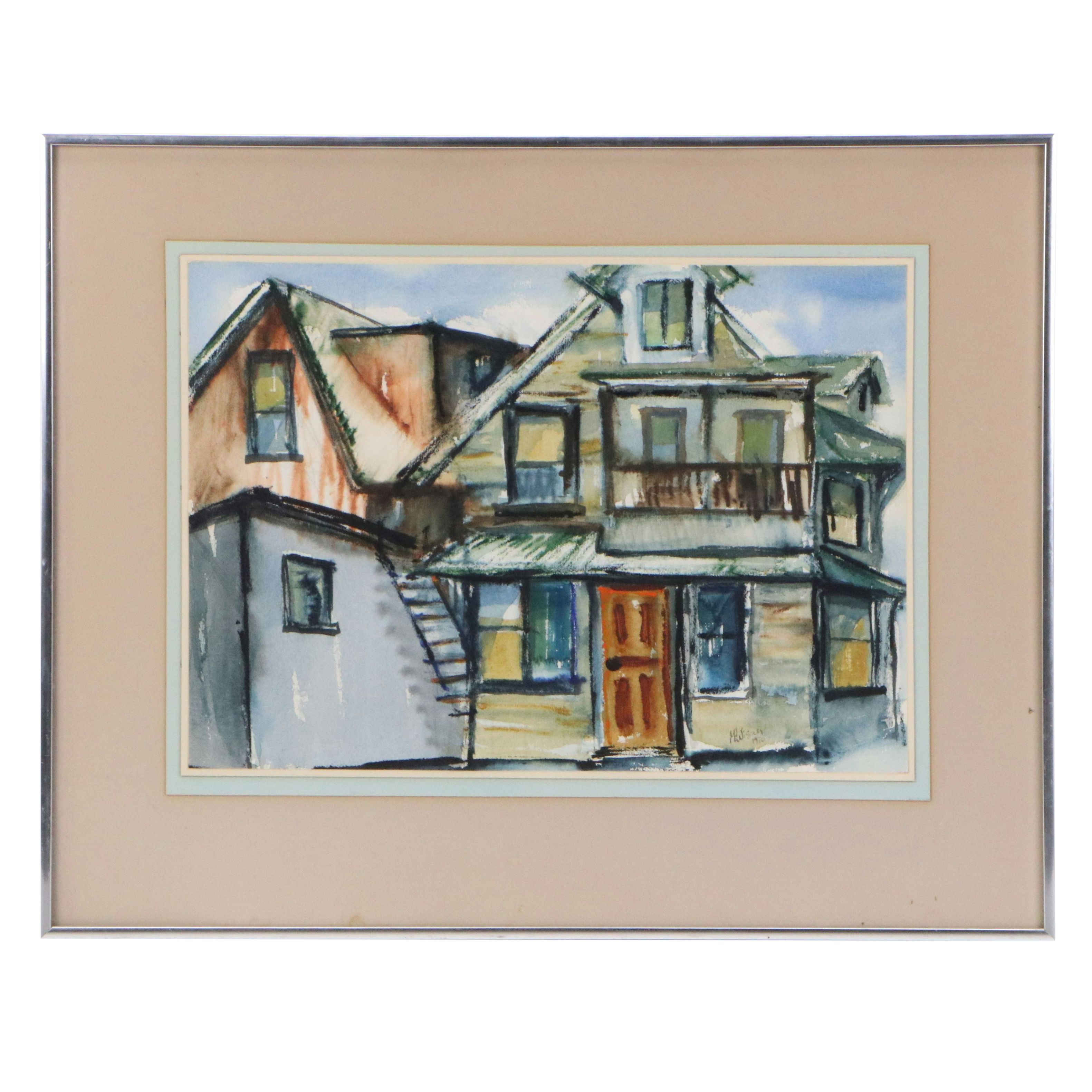 M.H. Wisner Architectural Watercolor Painting "Behind the Scenes," 1975