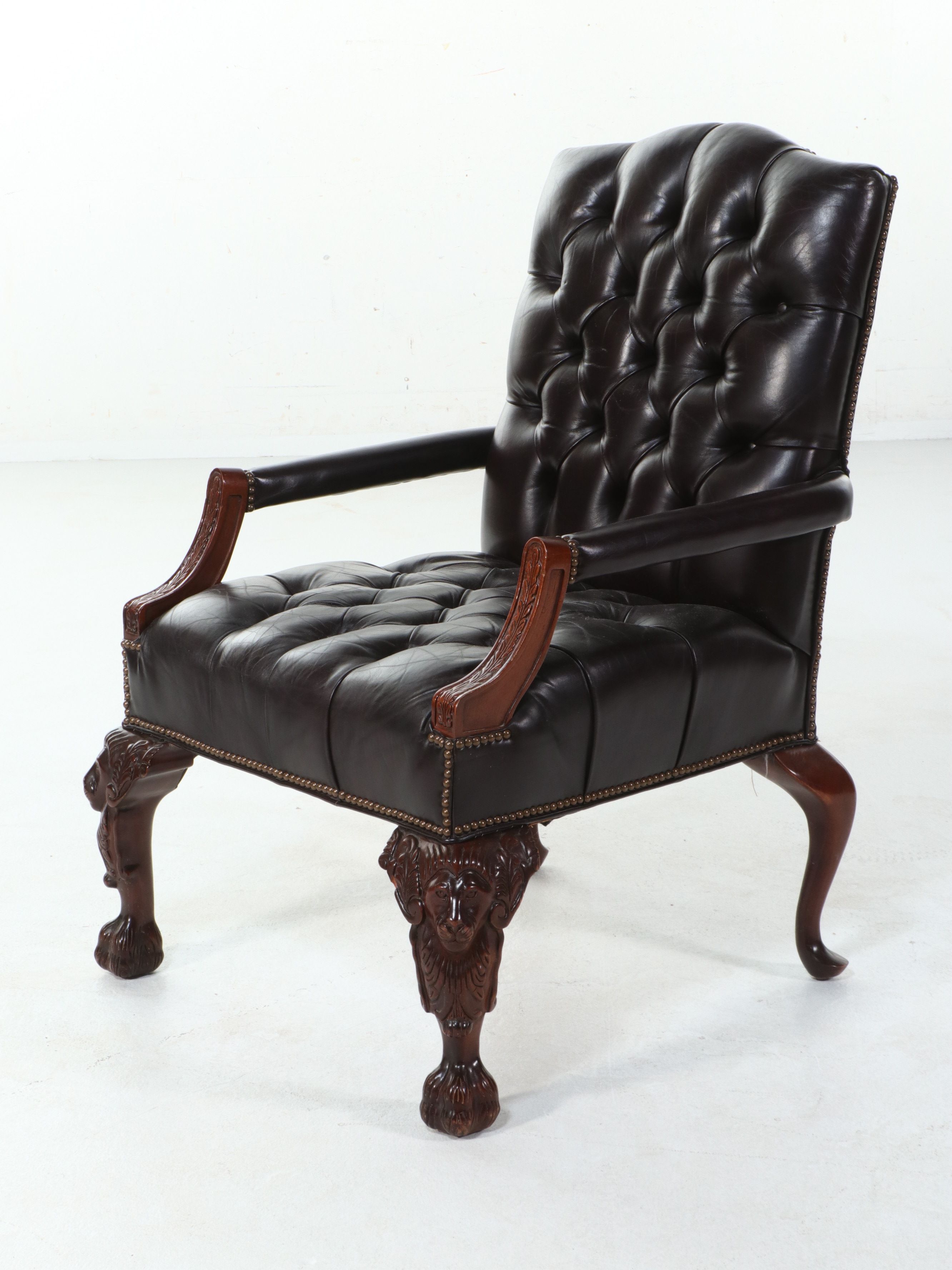Georgian Style Tufted Leather Library Chair with Lion Mask Carvings