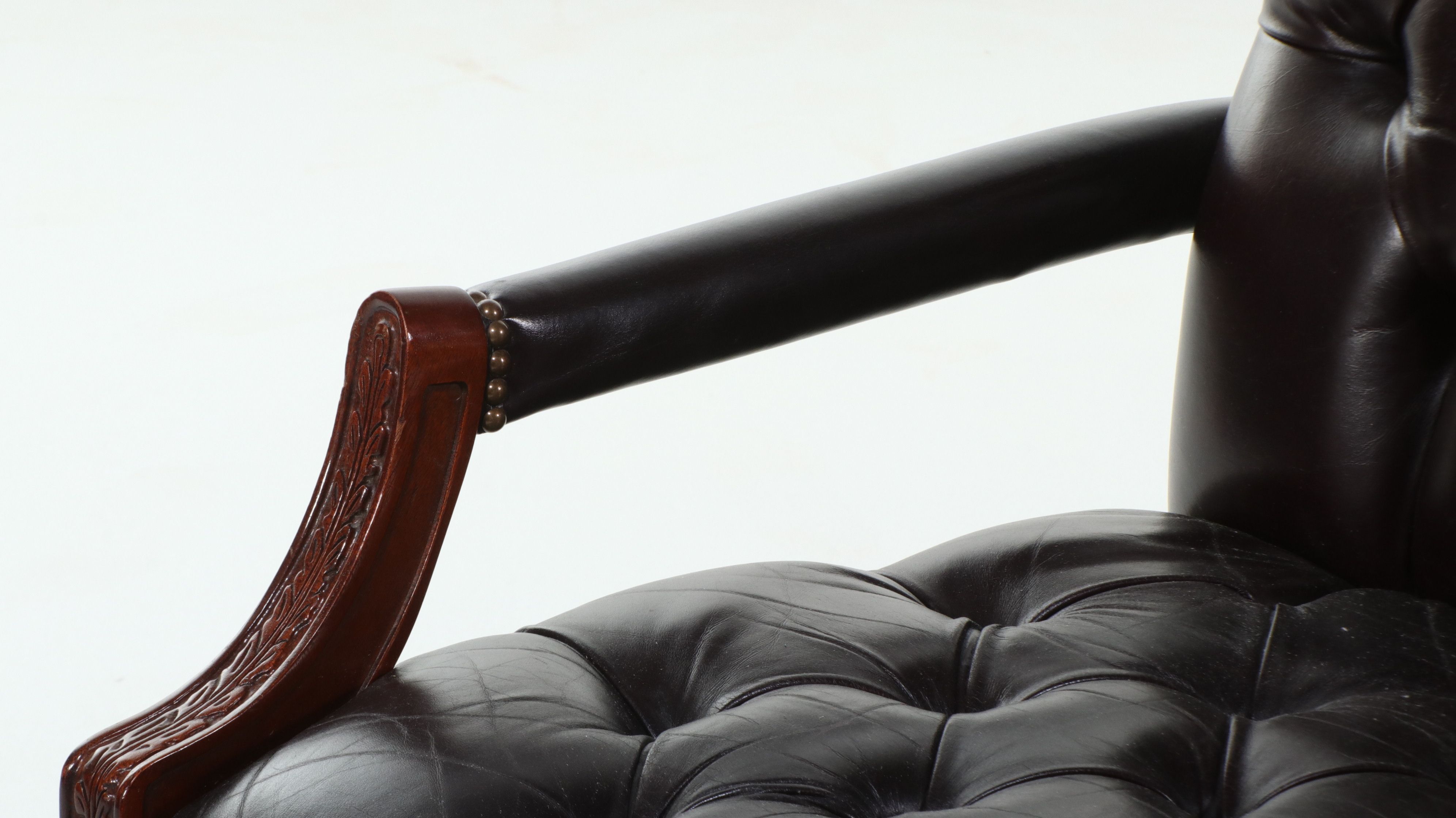 Georgian Style Tufted Leather Library Chair with Lion Mask Carvings