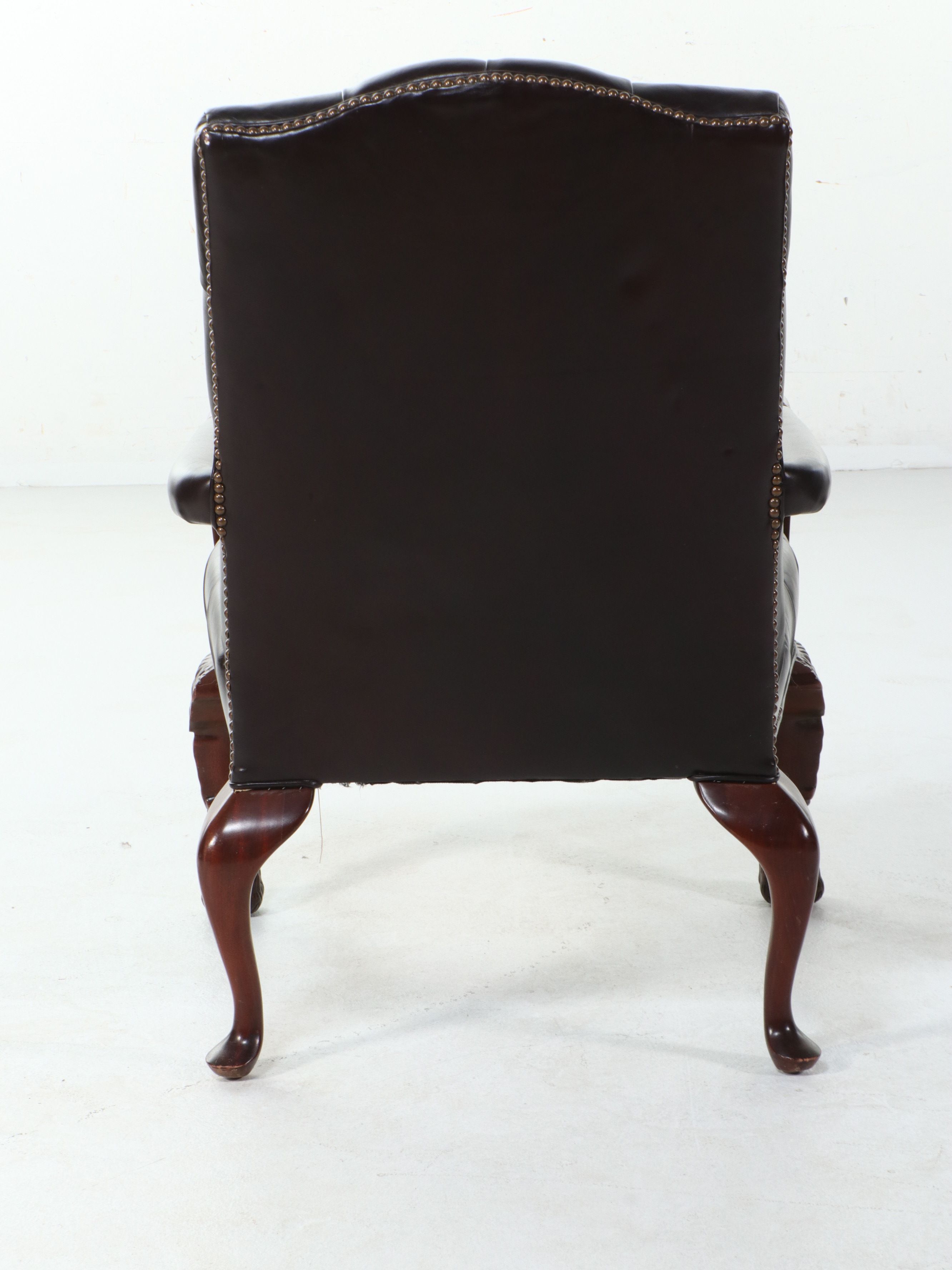 Georgian Style Tufted Leather Library Chair with Lion Mask Carvings
