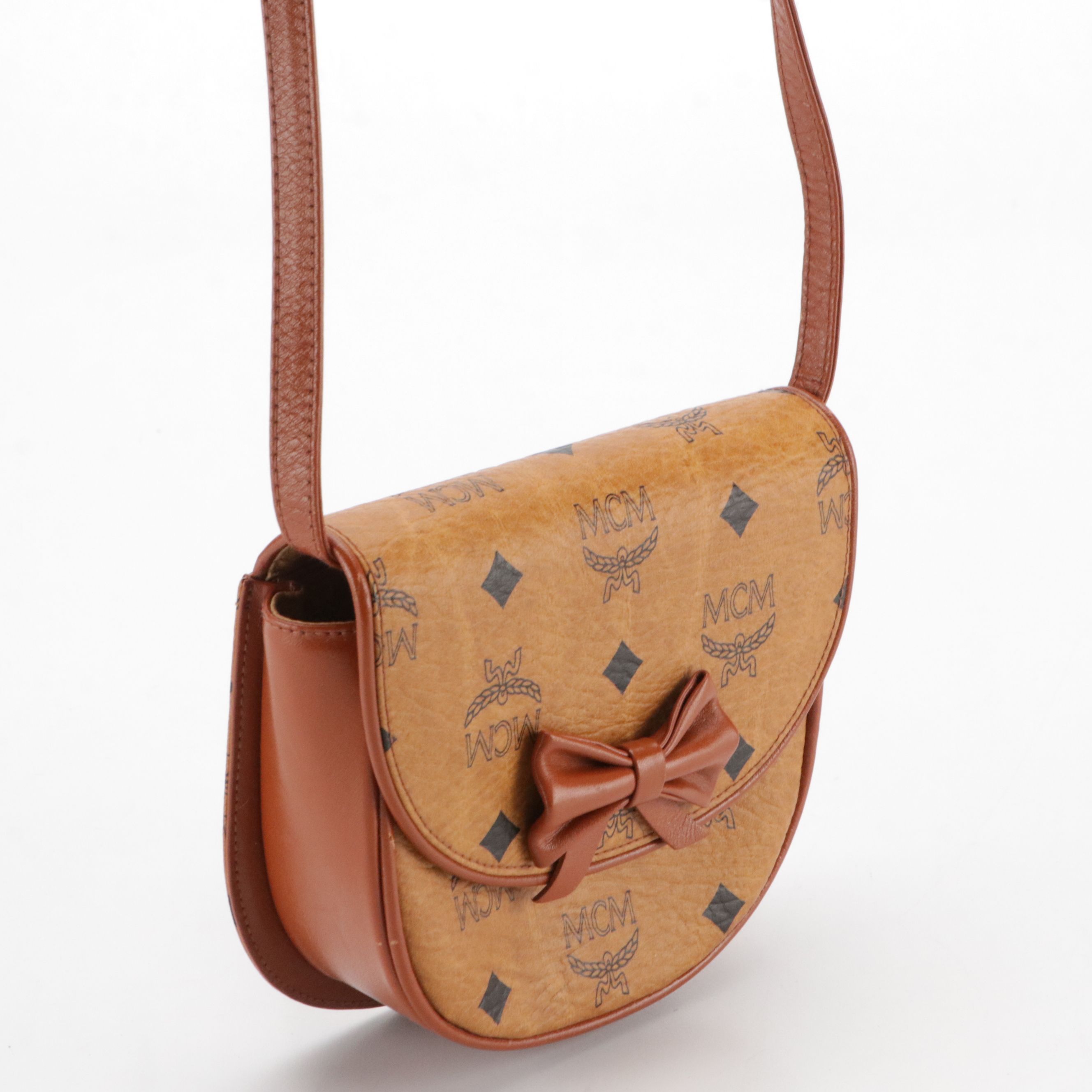 MCM Mini Bow Flap Crossbody Bag in Cognac Visetos Canvas & Leather