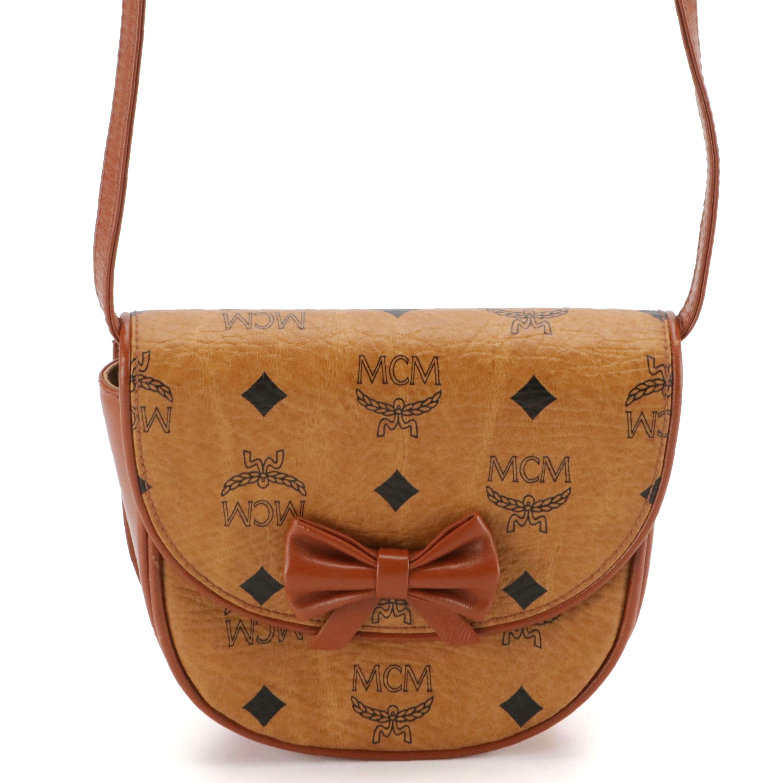 MCM Mini Bow Flap Crossbody Bag in Cognac Visetos Canvas & Leather