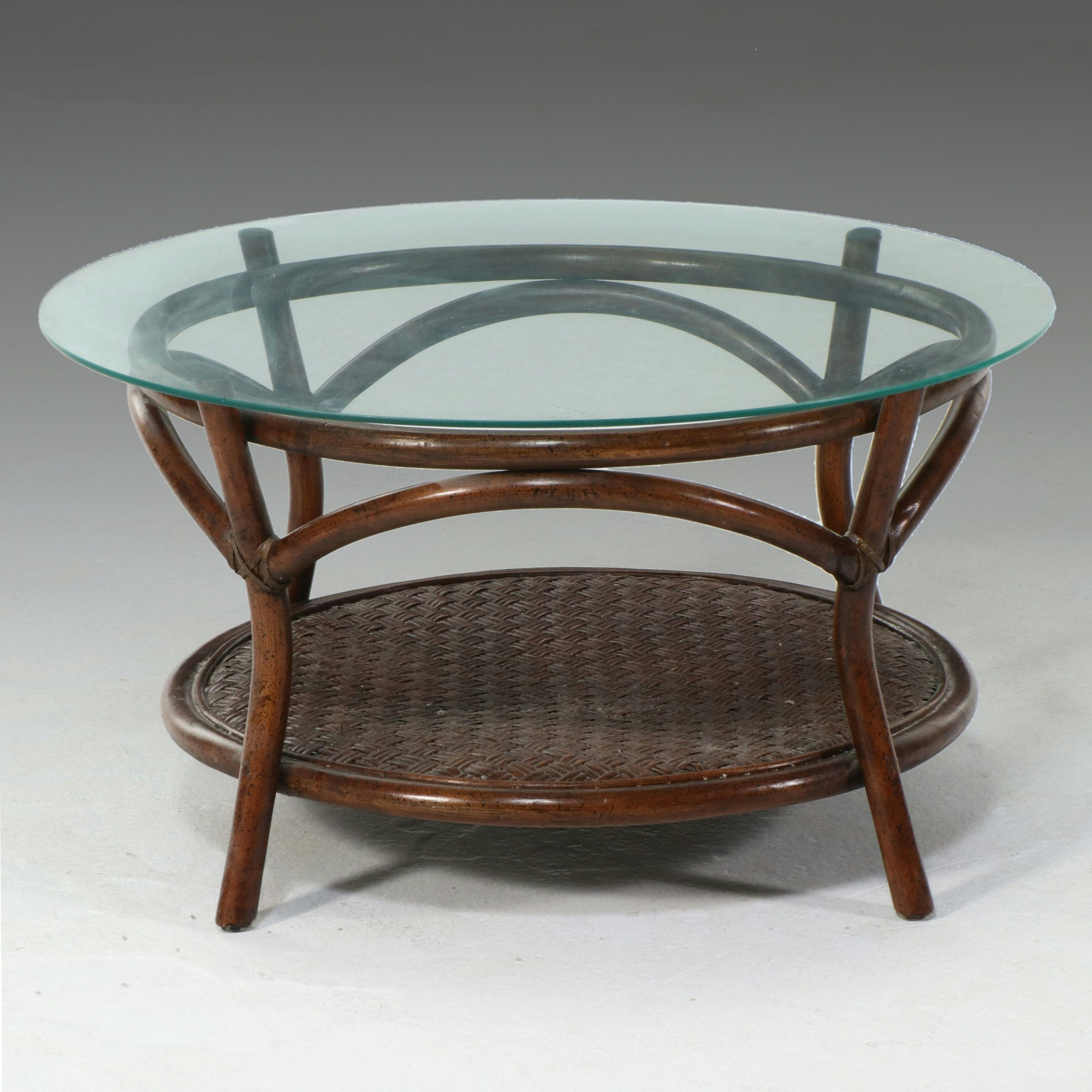 Mid Century Modern Style Round Rattan and Bamboo Coffee Table, Circa 1970
