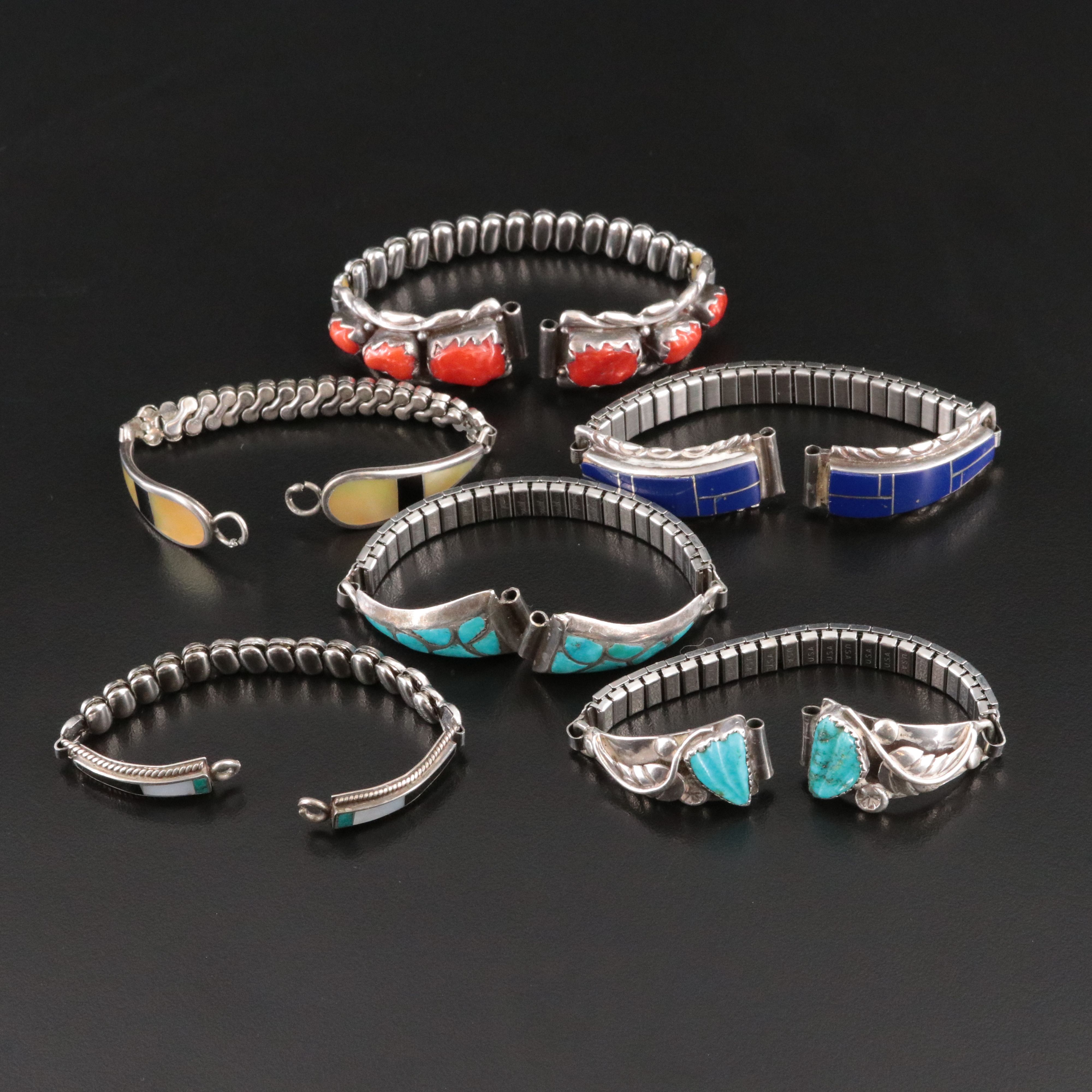 Southwestern Sterling and Stainless Steel Coral and Turquoise Watch Bands