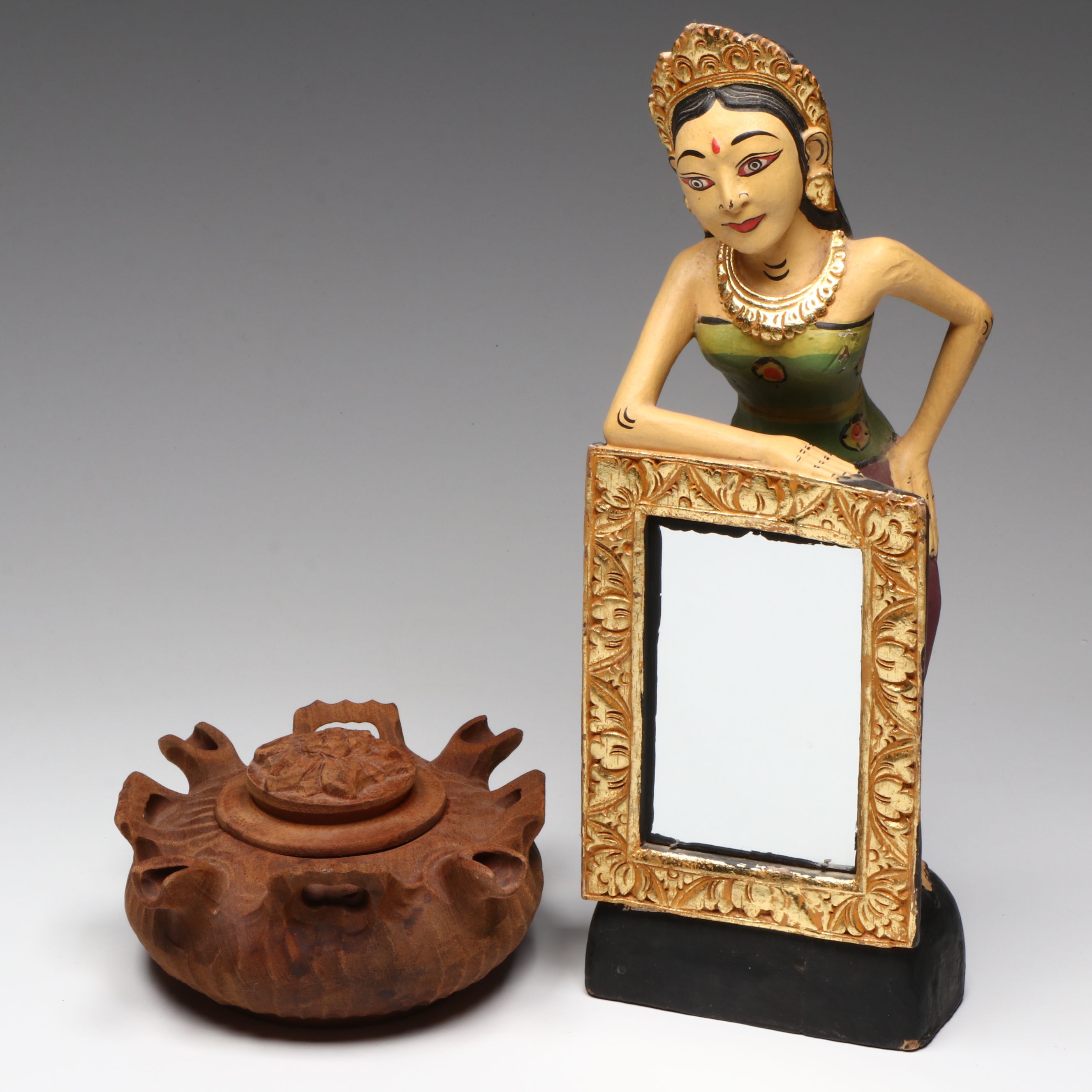 Italian Grolla Wooden Friendship Cup With Balinese Hand-Crafted Figural Mirror