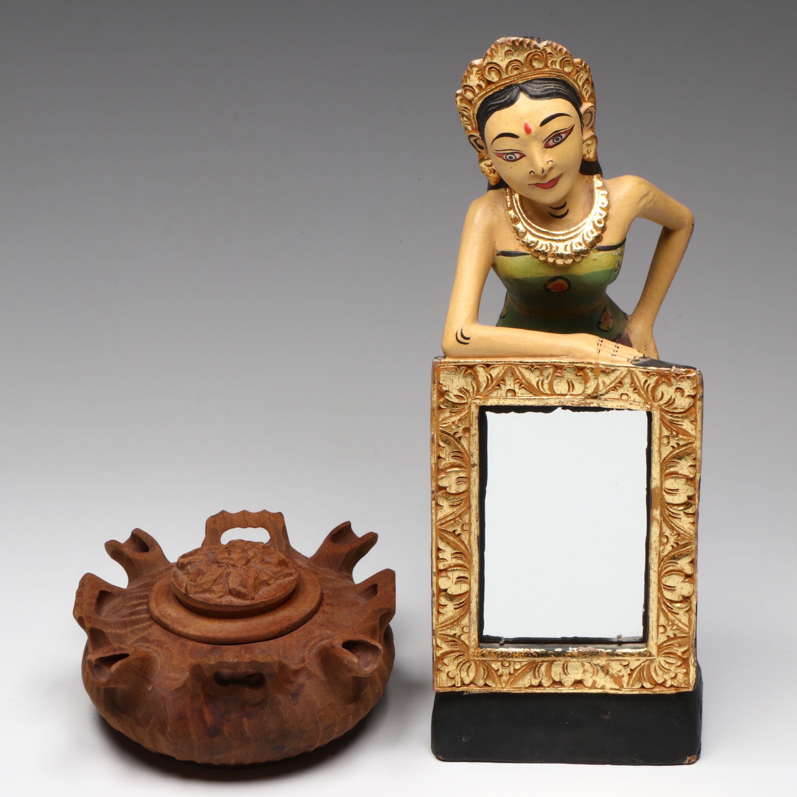 Italian Grolla Wooden Friendship Cup With Balinese Hand-Crafted Figural Mirror