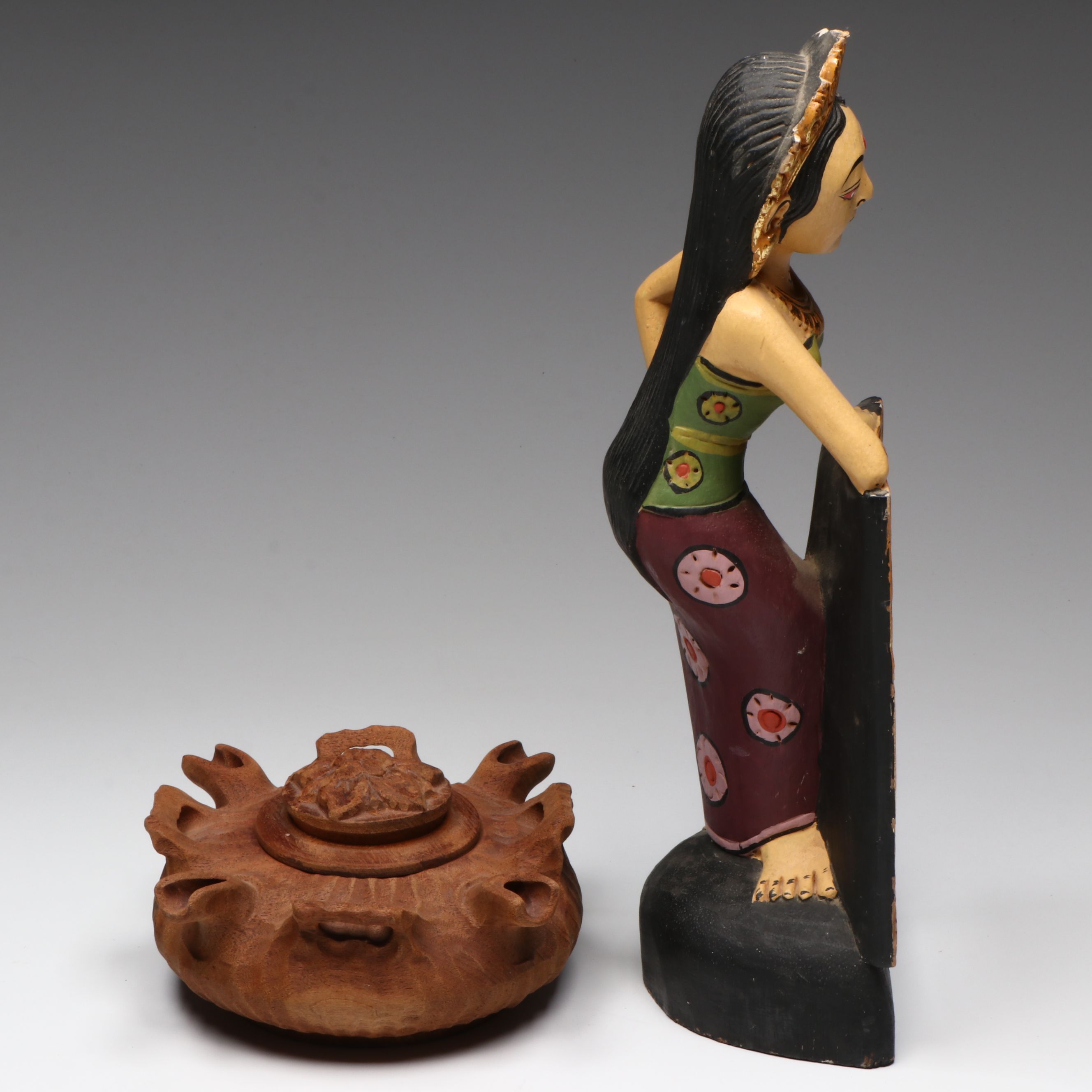 Italian Grolla Wooden Friendship Cup With Balinese Hand-Crafted Figural Mirror