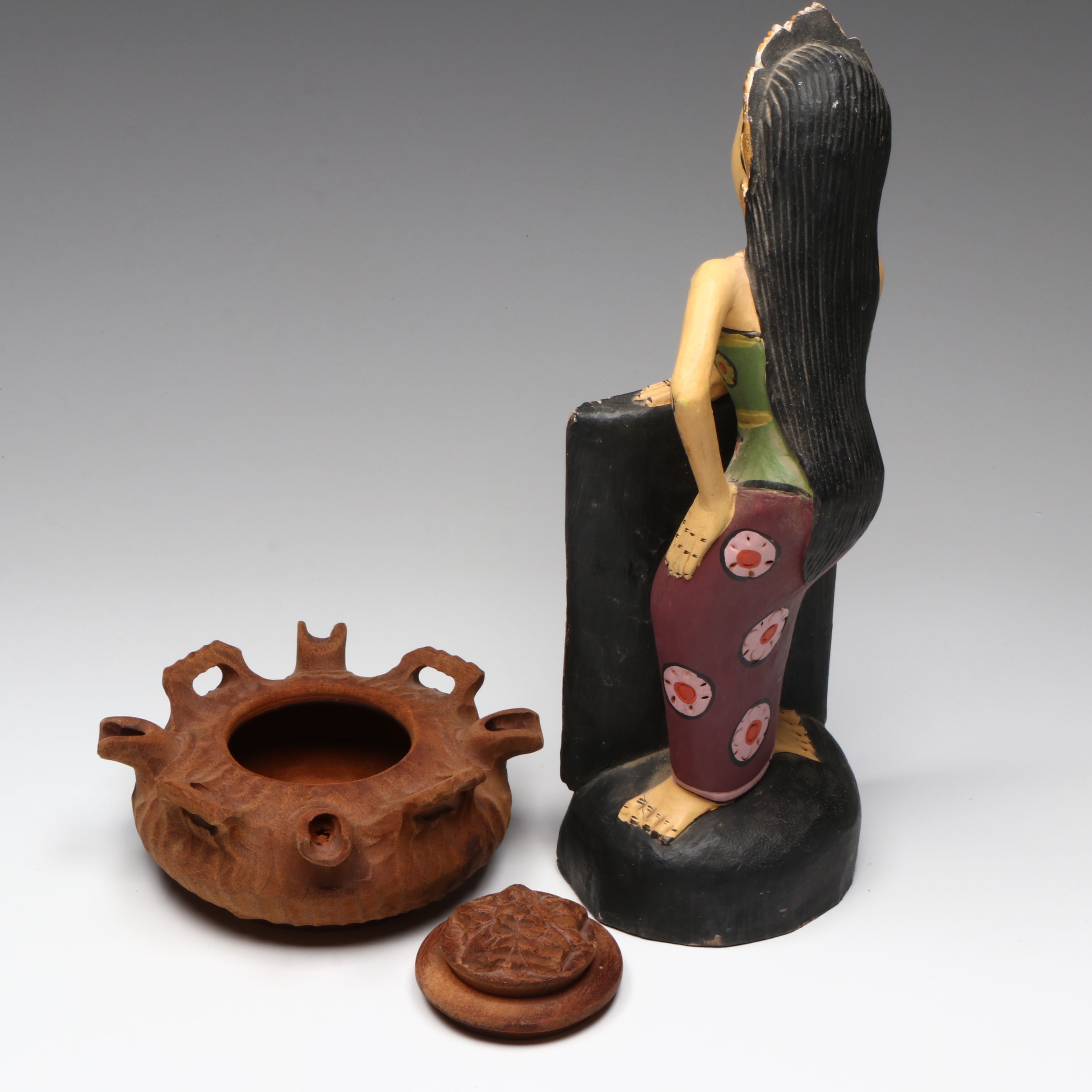 Italian Grolla Wooden Friendship Cup With Balinese Hand-Crafted Figural Mirror