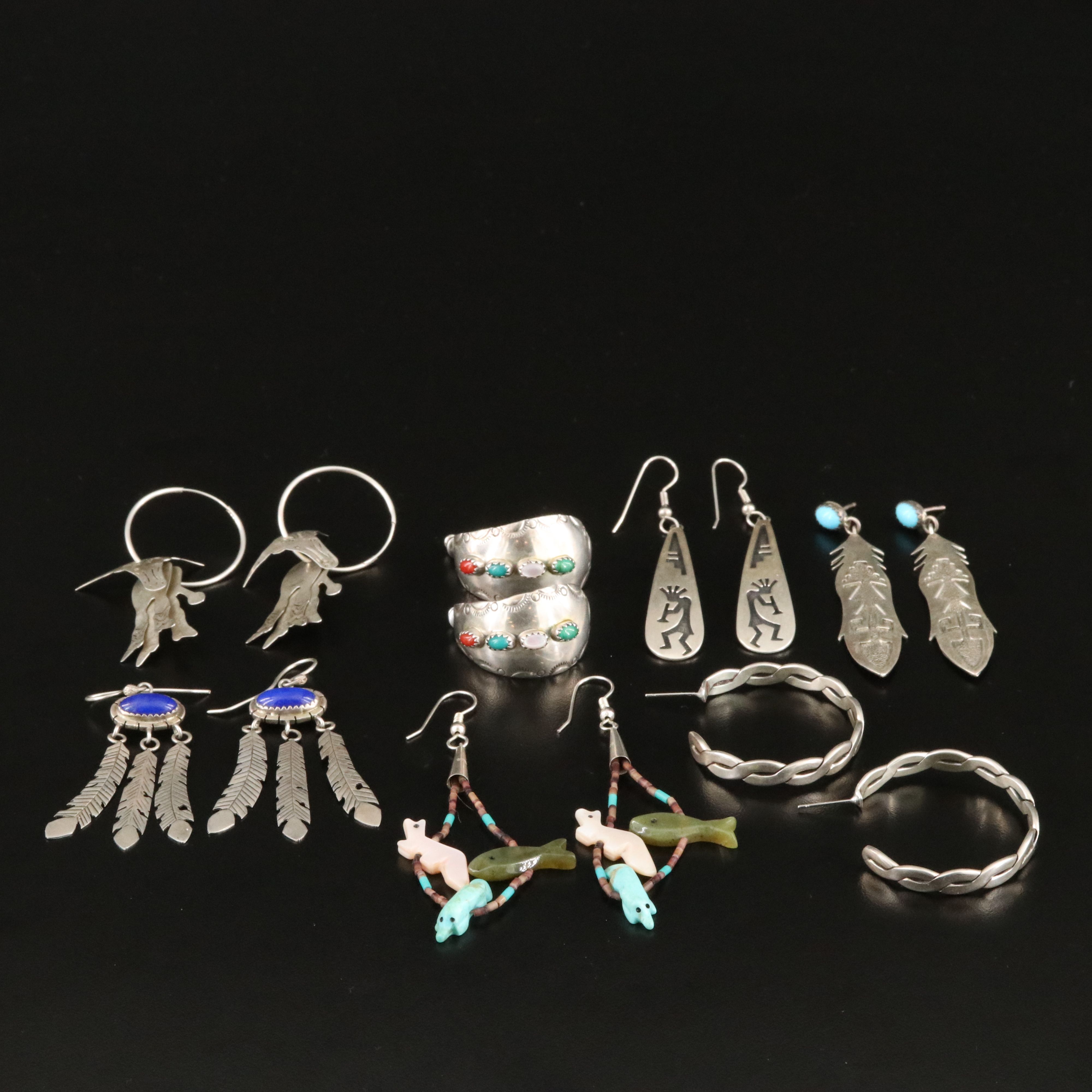 Southwestern Sterling Earrings Including Nephrite, Shell and Mother-of-Pearl