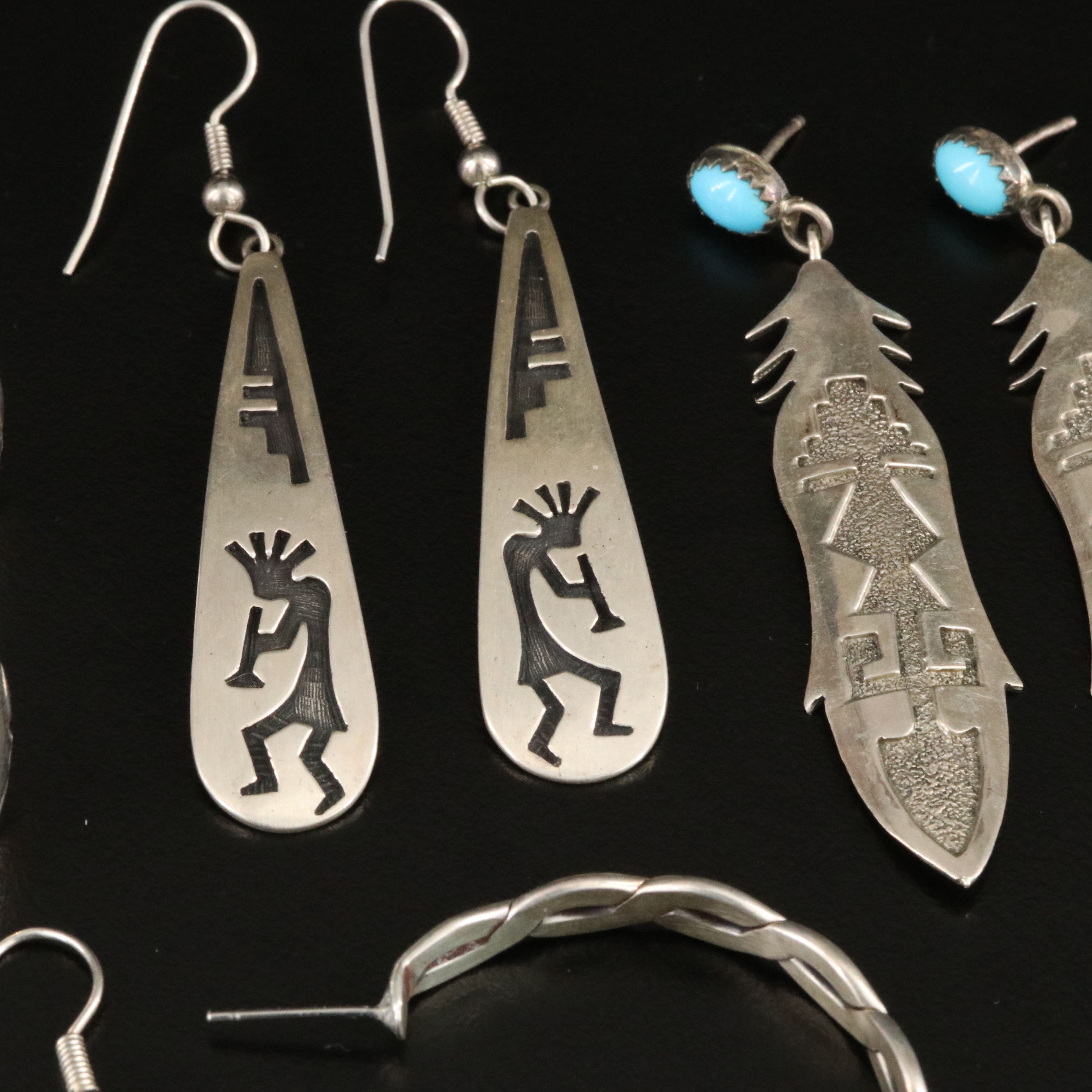 Southwestern Sterling Earrings Including Nephrite, Shell and Mother-of-Pearl