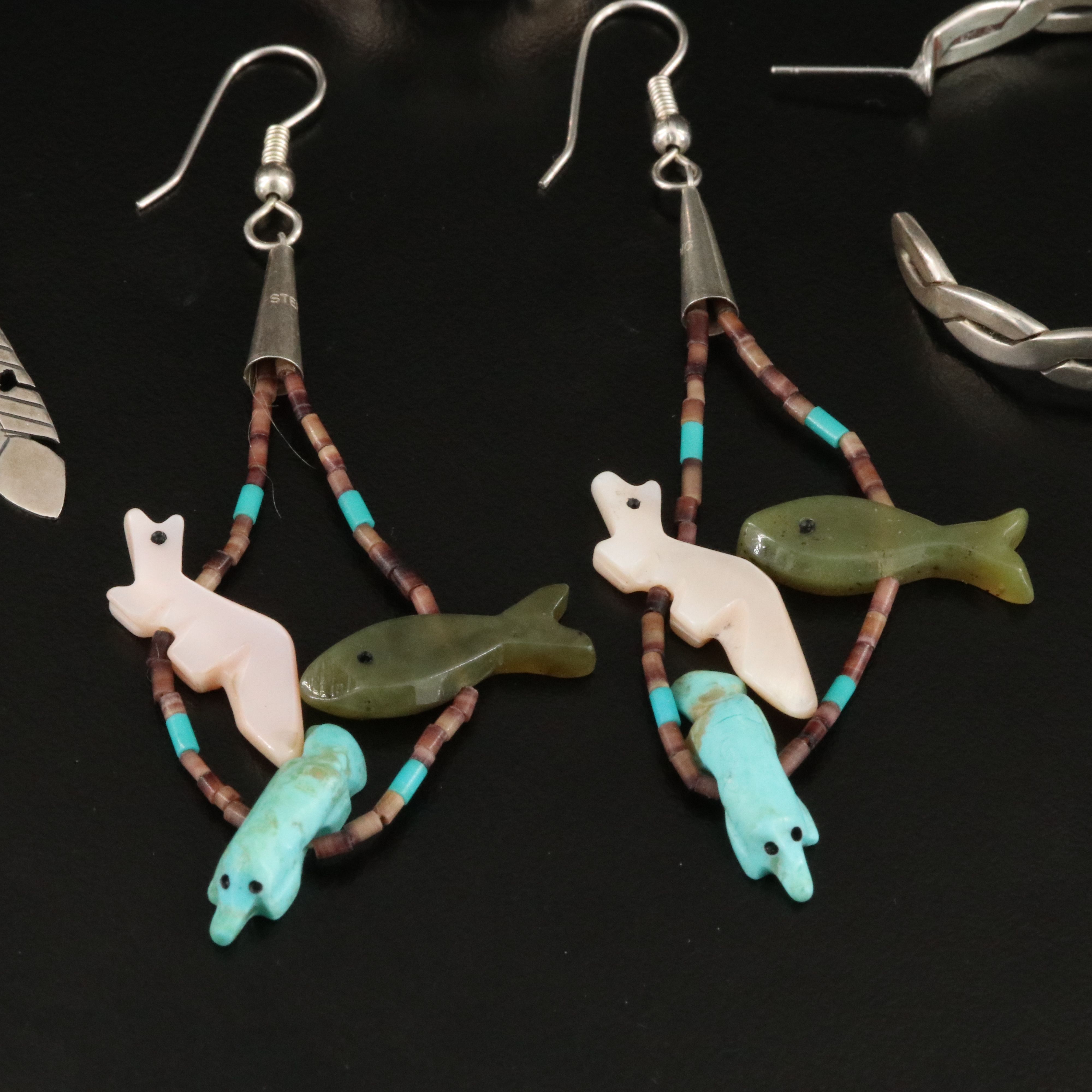 Southwestern Sterling Earrings Including Nephrite, Shell and Mother-of-Pearl